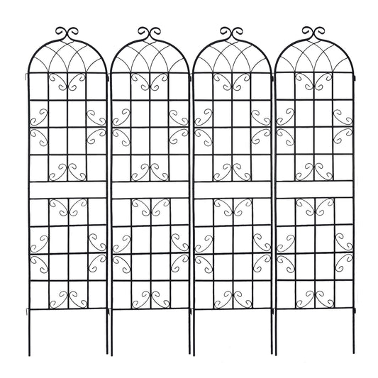 Black metal garden trellis with ornate scroll details and arched top