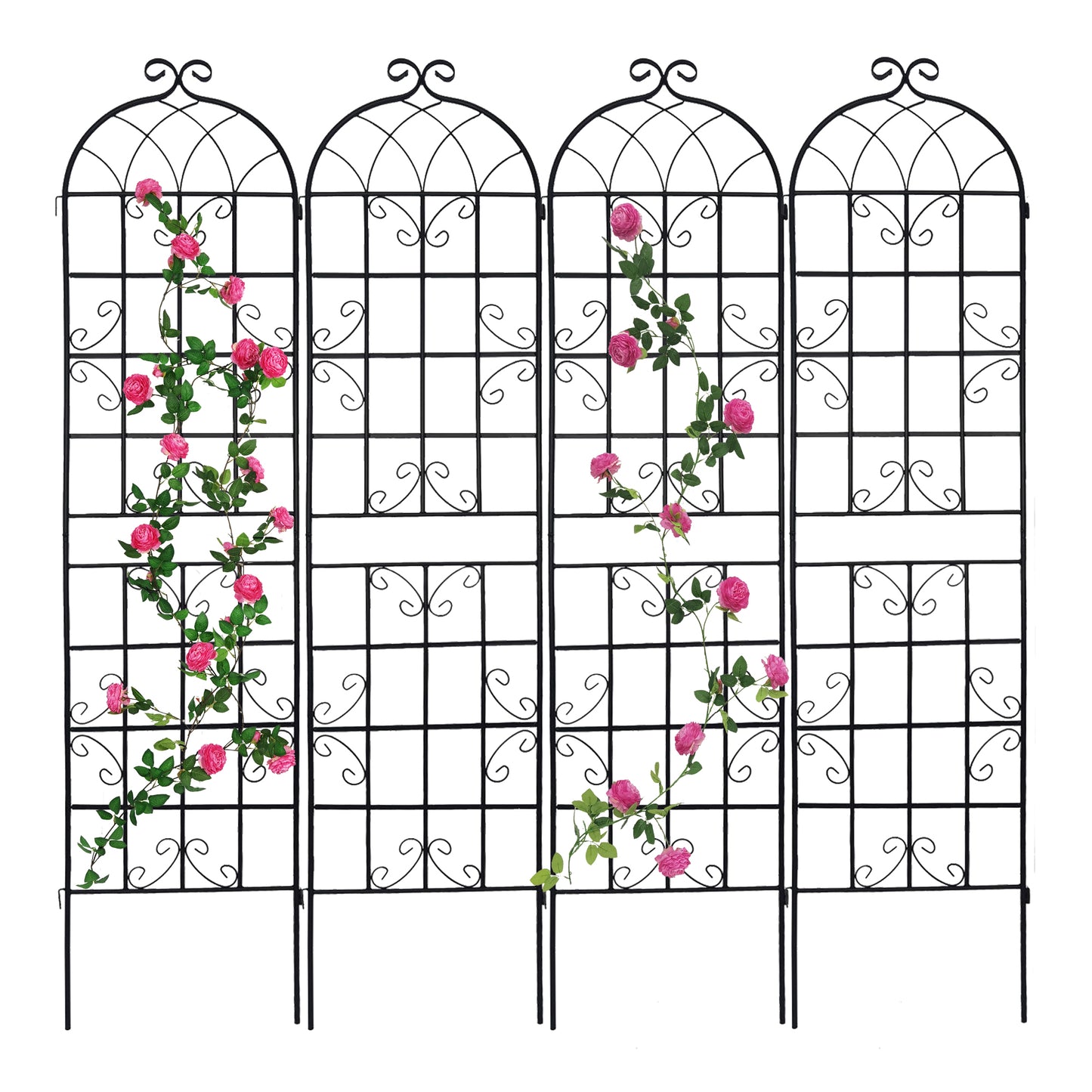 Black metal garden trellis with pink climbing roses for outdoor decoration