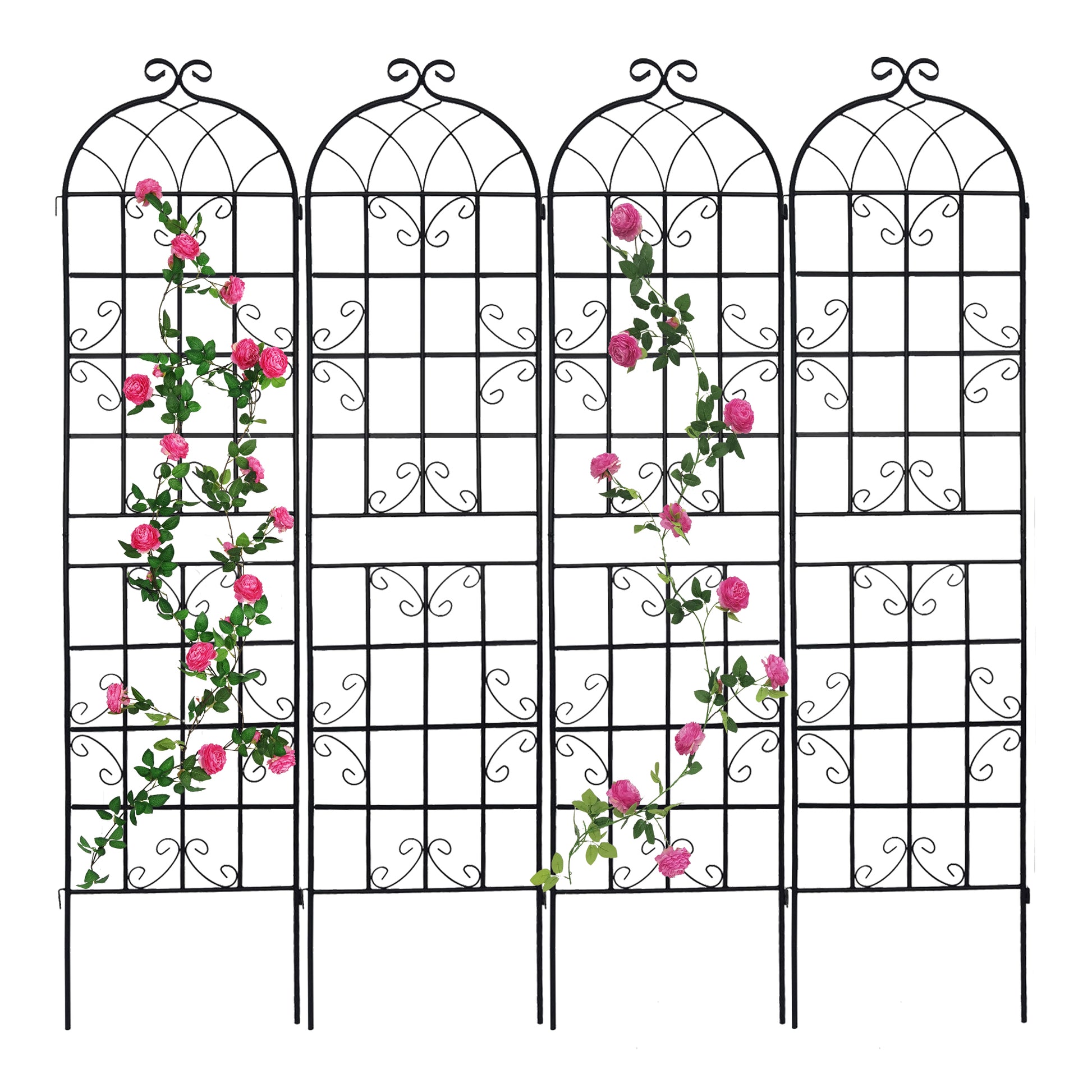Black metal garden trellis with pink climbing roses for outdoor decoration
