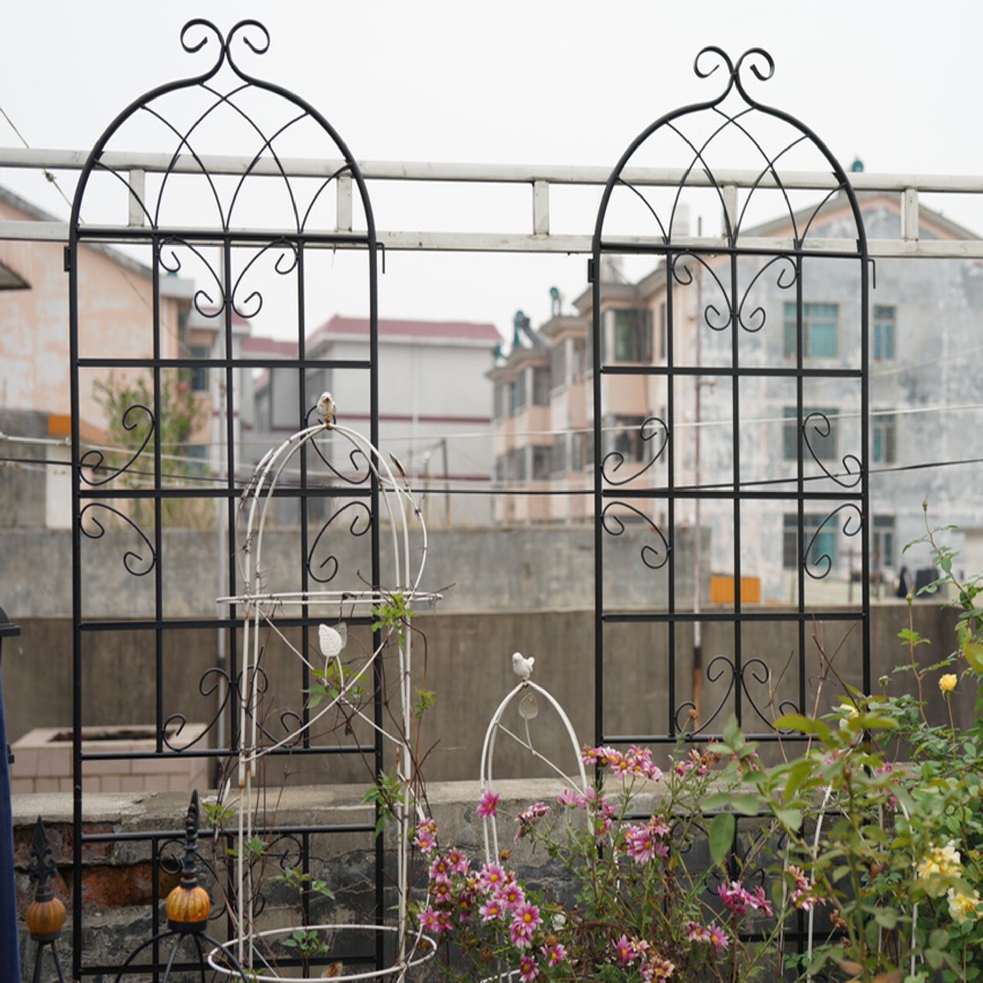 Black wrought iron garden trellis with arched top and decorative scrollwork