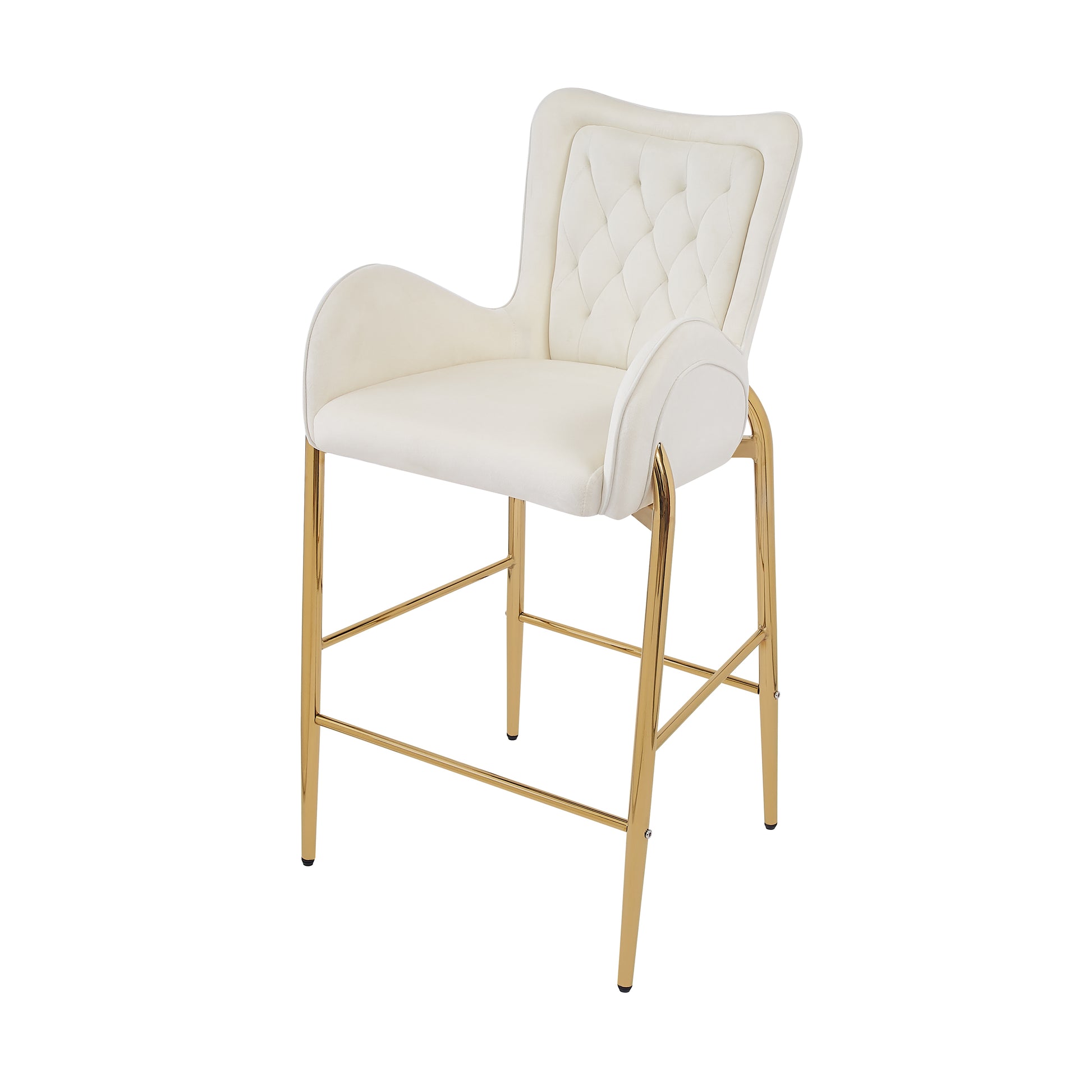 Elegant cream velvet counter stool with diamond tufting and polished gold legs for a modern kitchen island