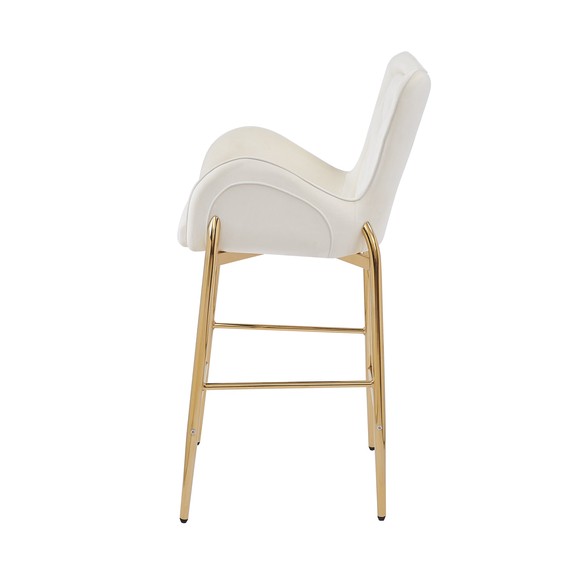 Elegant ivory velvet bar stool with curved back and gold metal legs