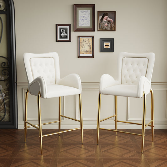 White upholstered bar stool with diamond tufting and gold legs