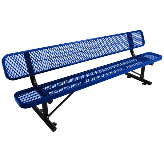 Royal blue expanded metal picnic bench with black powder coated steel frame