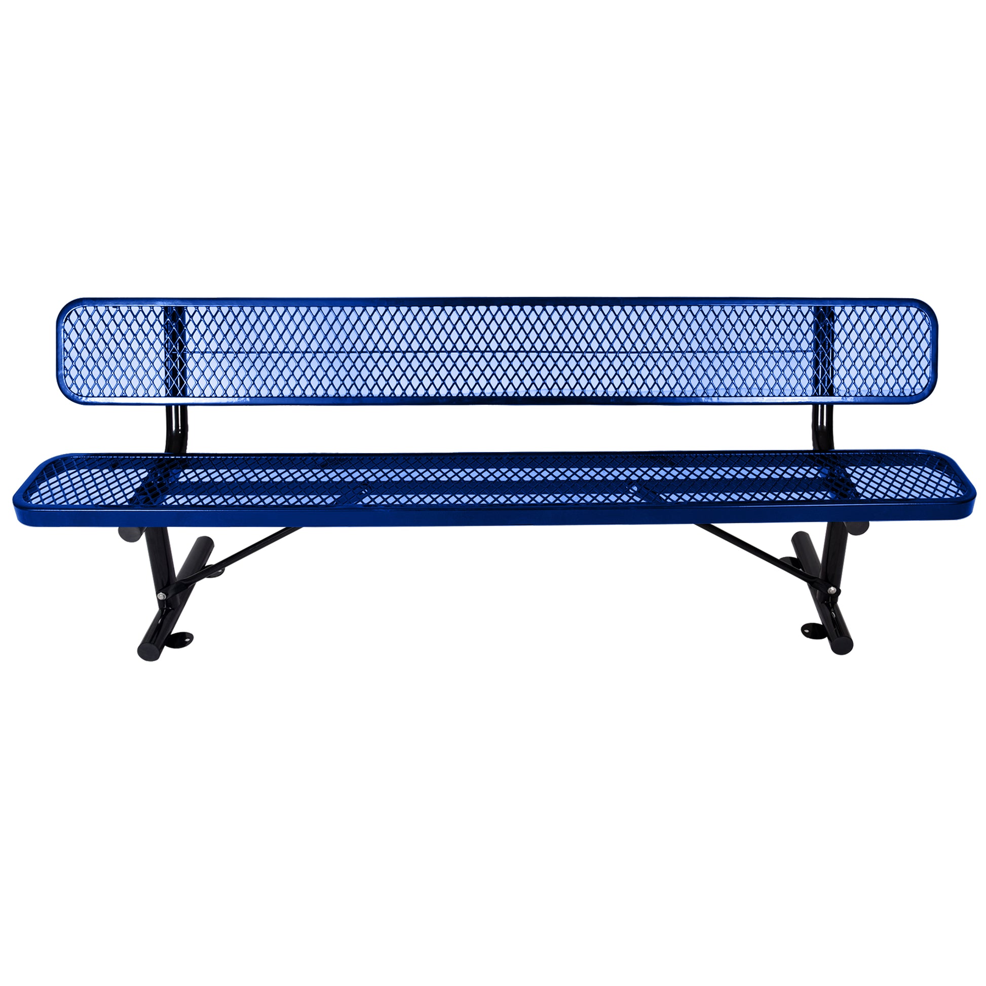 Blue diamond mesh park bench with black metal frame ideal for outdoor seating