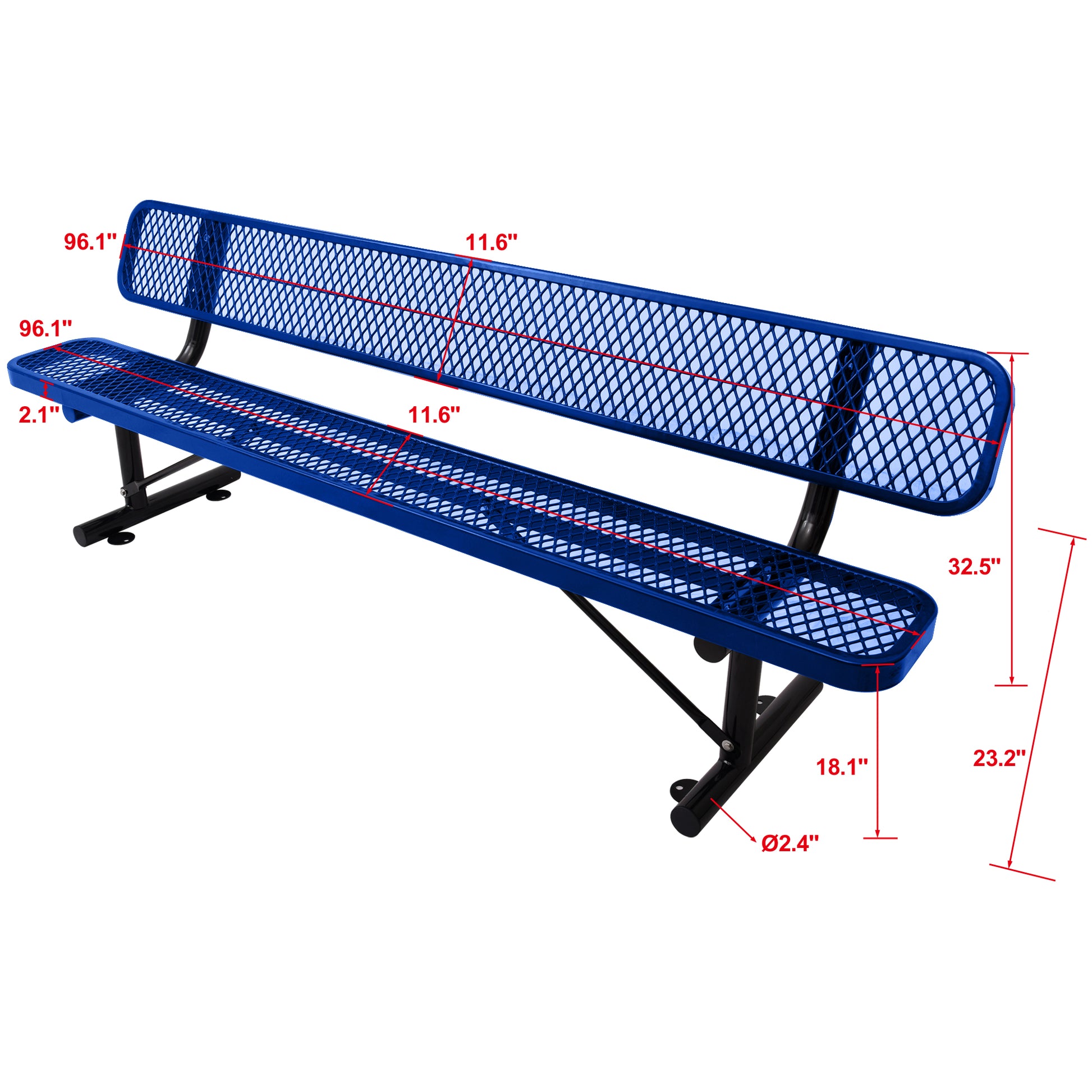 Durable blue expanded metal park bench with black powdercoated steel frame  length
