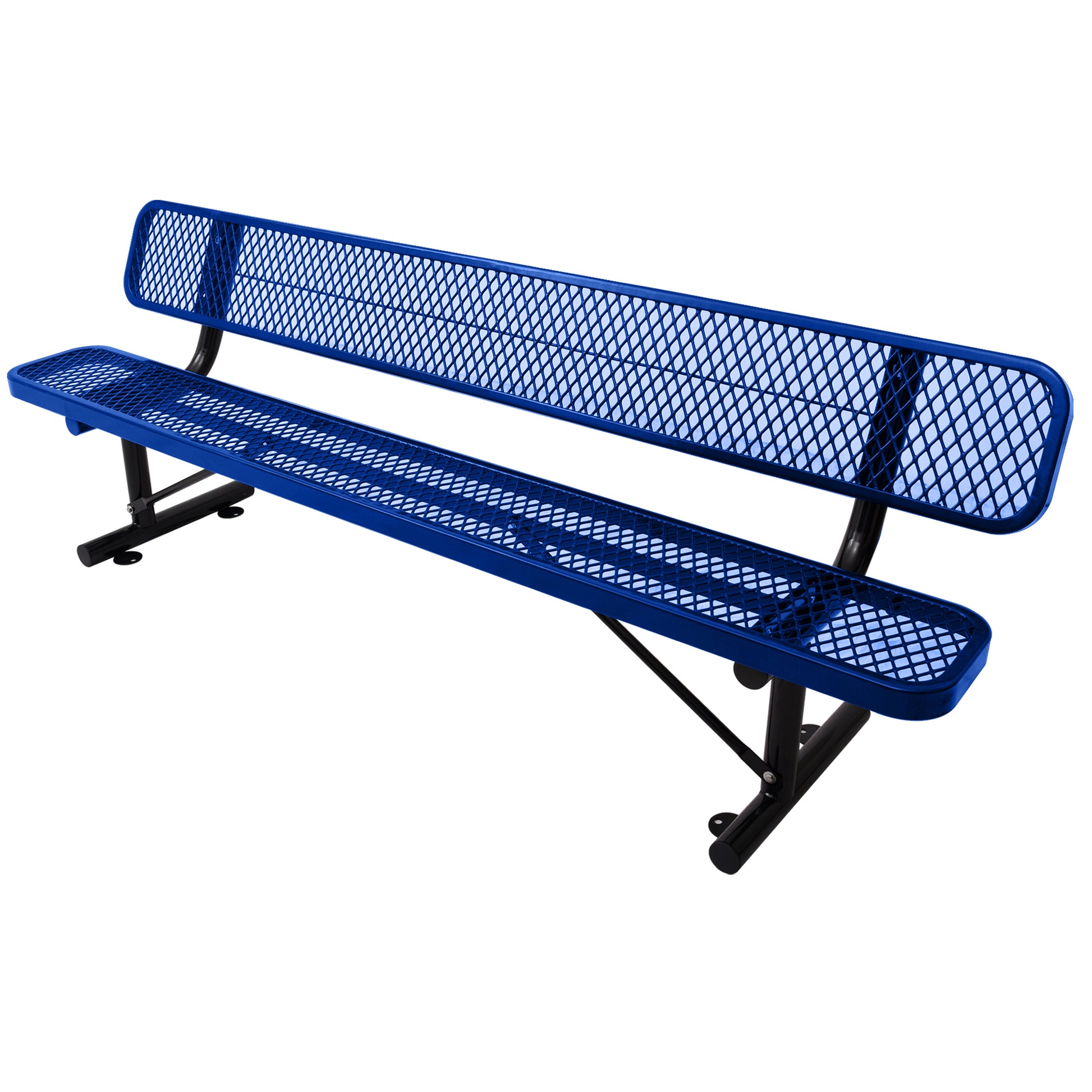 Royal blue expanded metal bench with black powdercoated legs perfect for outdoor seating