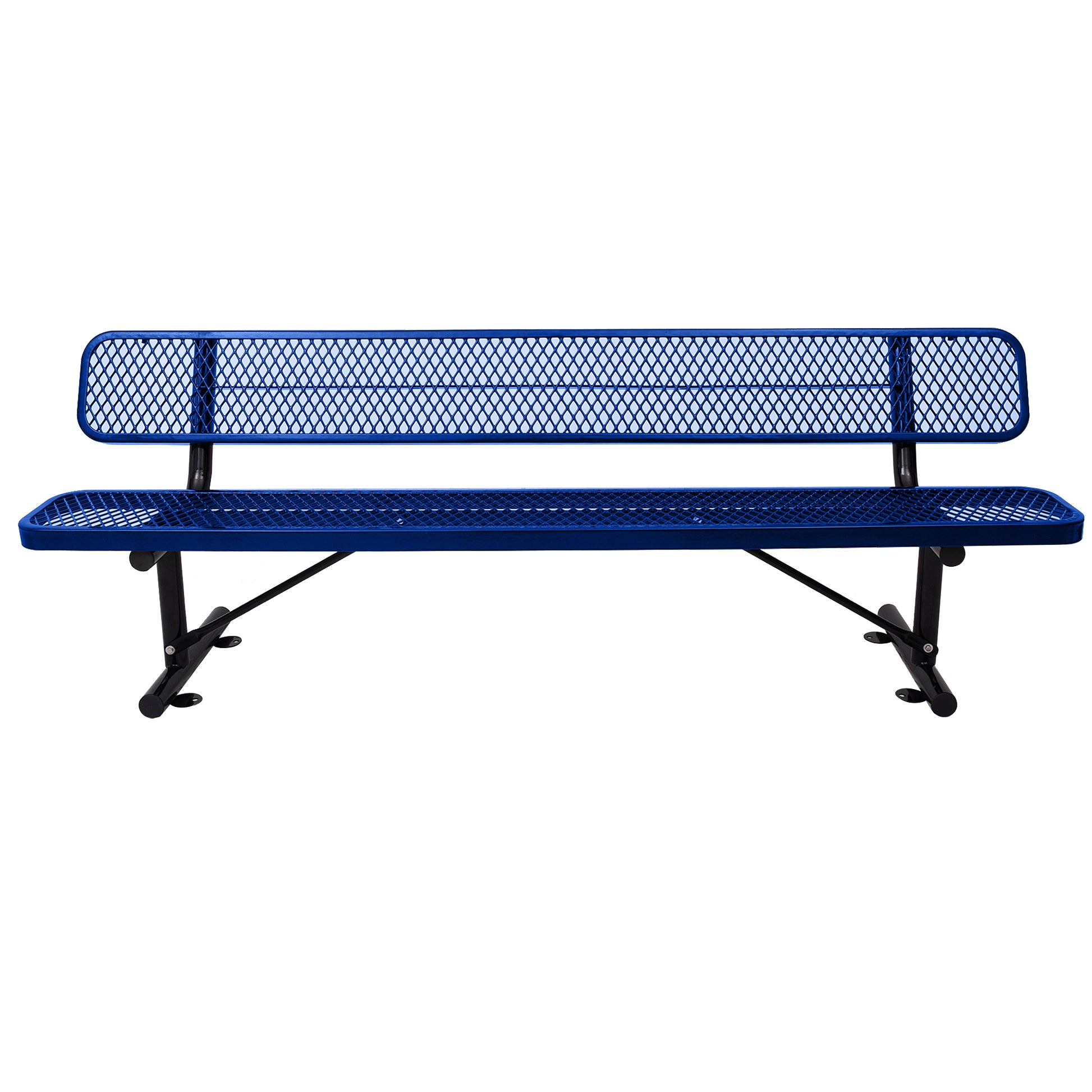 Royal blue diamond mesh park bench with black powdercoated steel frame