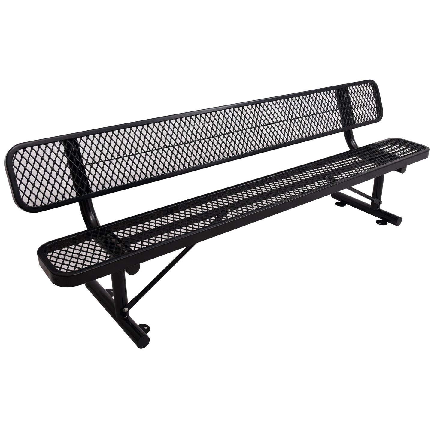 Black expanded metal park bench with curved armrests and sturdy metal frame