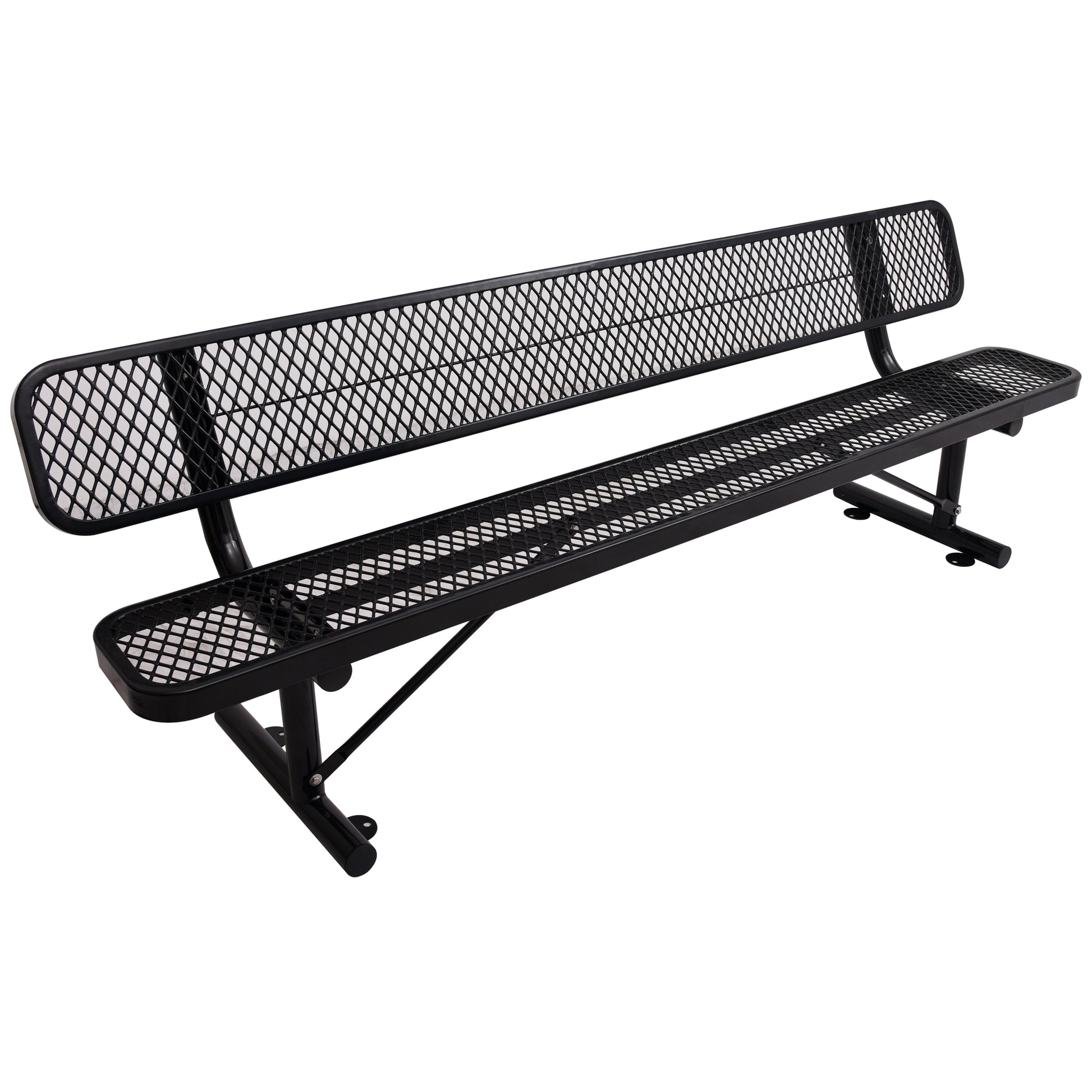 Black expanded metal park bench with curved armrests and sturdy metal frame