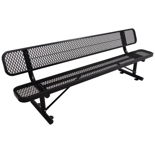 Black expanded metal park bench with curved armrests and sturdy metal frame