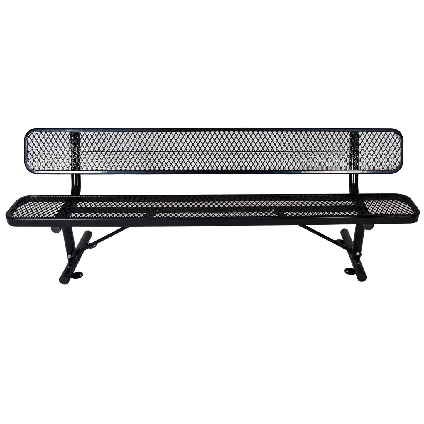 Black metal park bench with diamond pattern mesh seat and backrest durable outdoor furniture