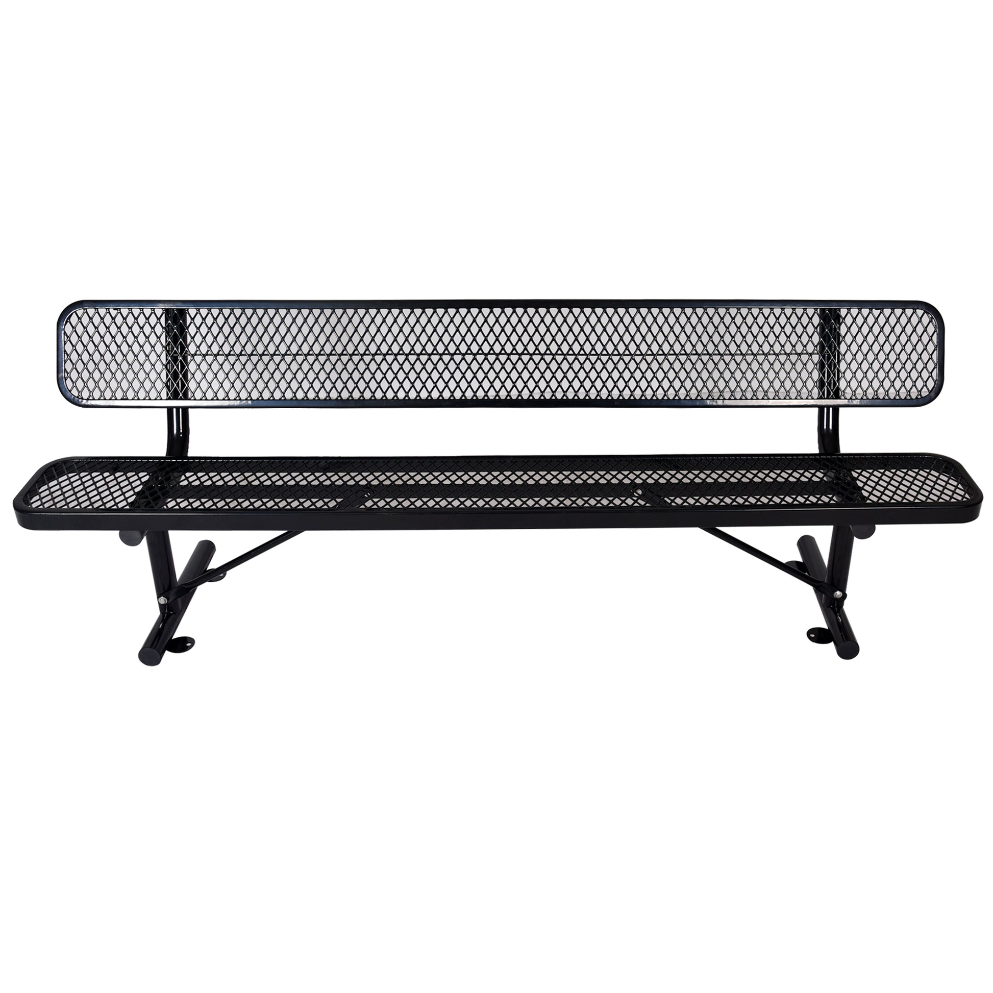 Black metal park bench with diamond pattern mesh seat and backrest durable outdoor furniture