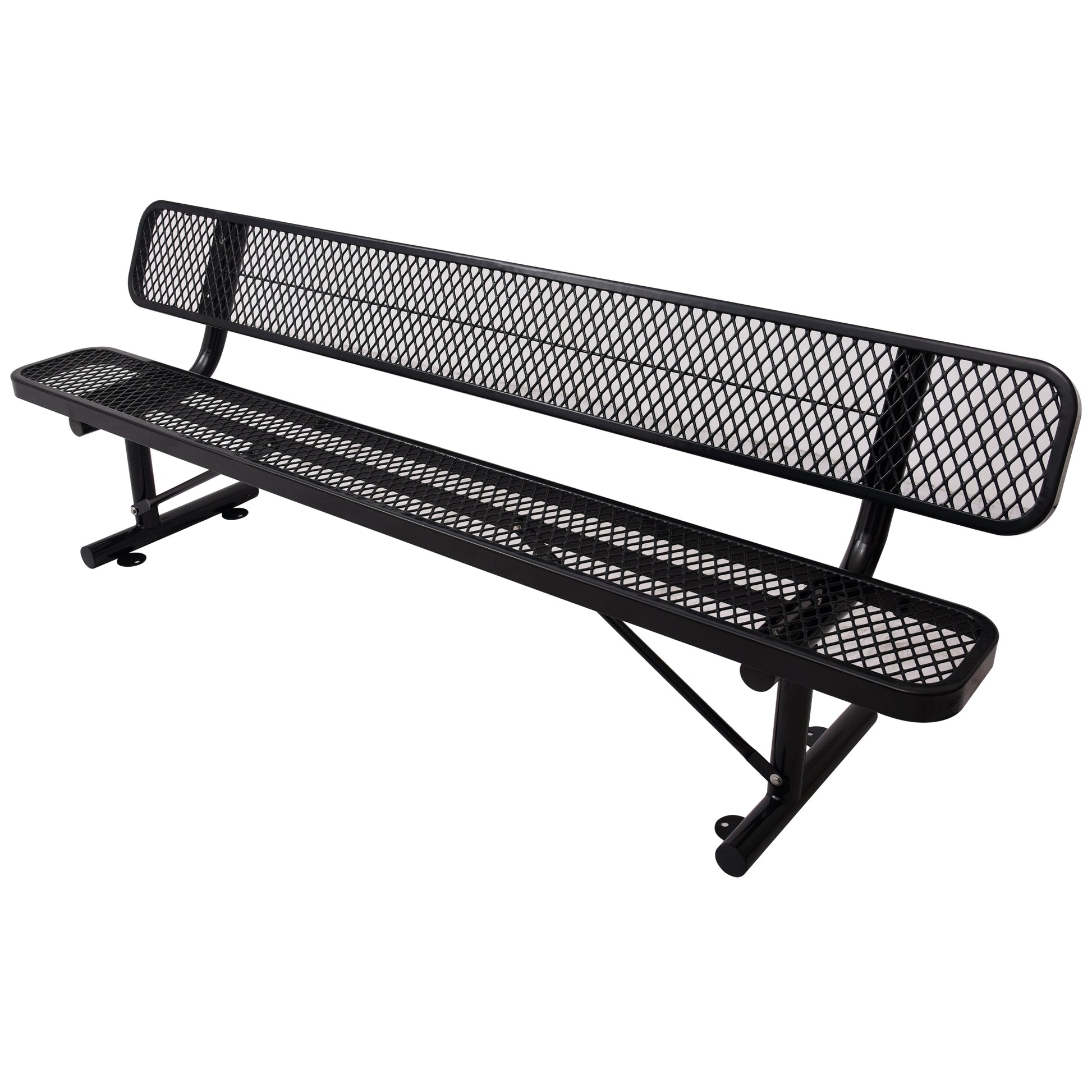 Black expanded metal park bench with sturdy metal frame and contoured seat