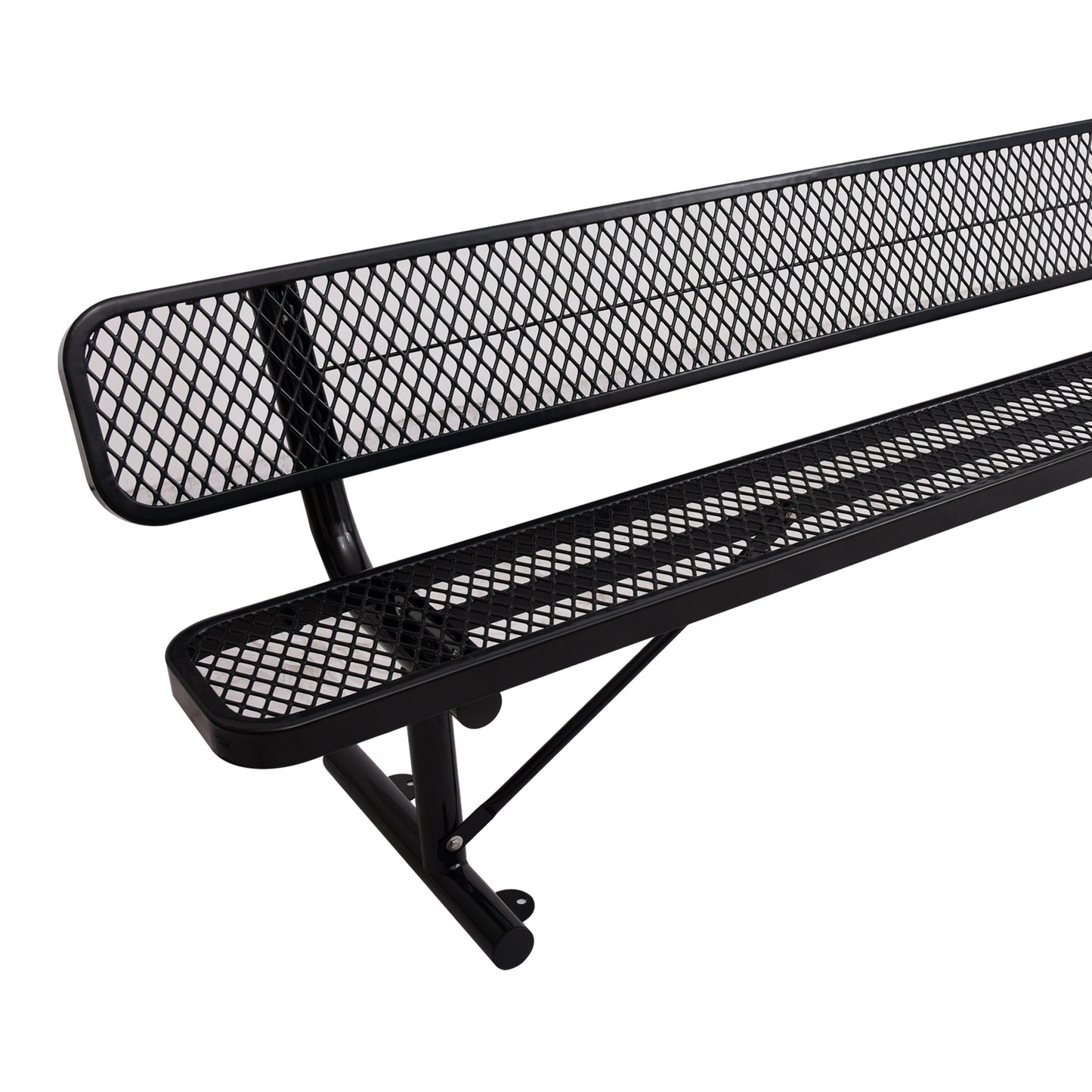 Black expanded metal bench with sturdy frame ideal for park or patio seating