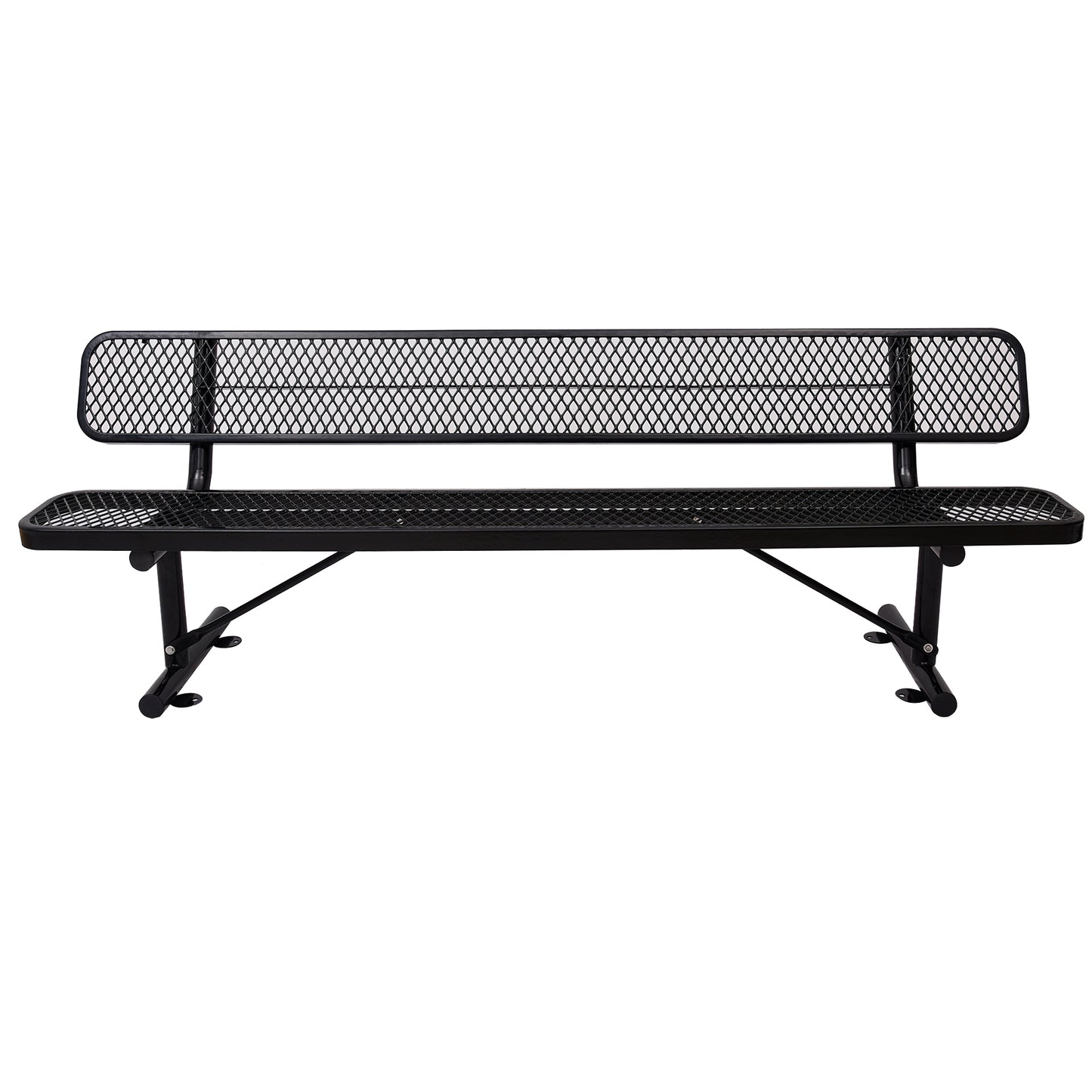 Black diamond mesh park bench with extended armrests for outdoor seating
