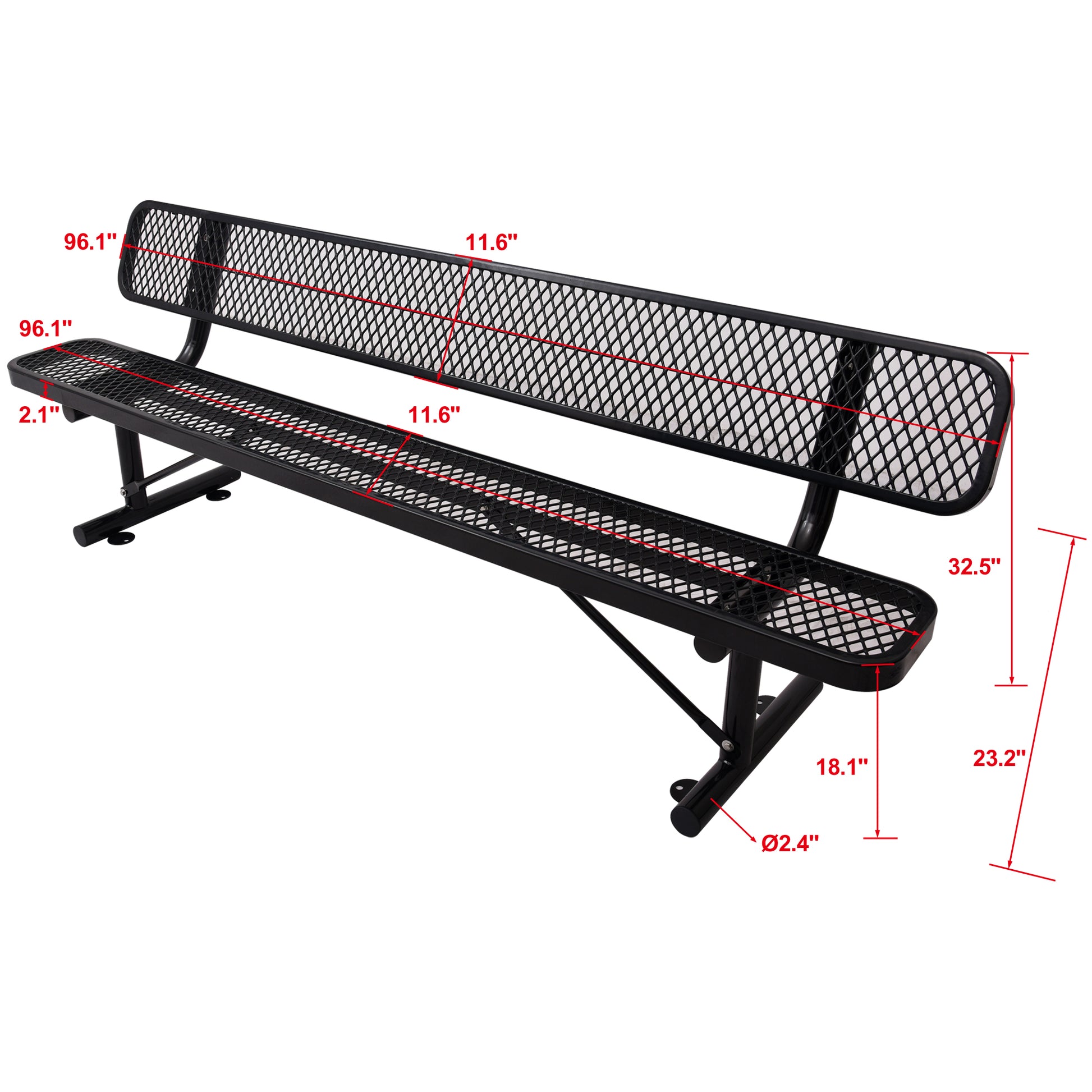 Black diamond mesh park bench with curved backrest and sturdy metal frame ideal for outdoor seating