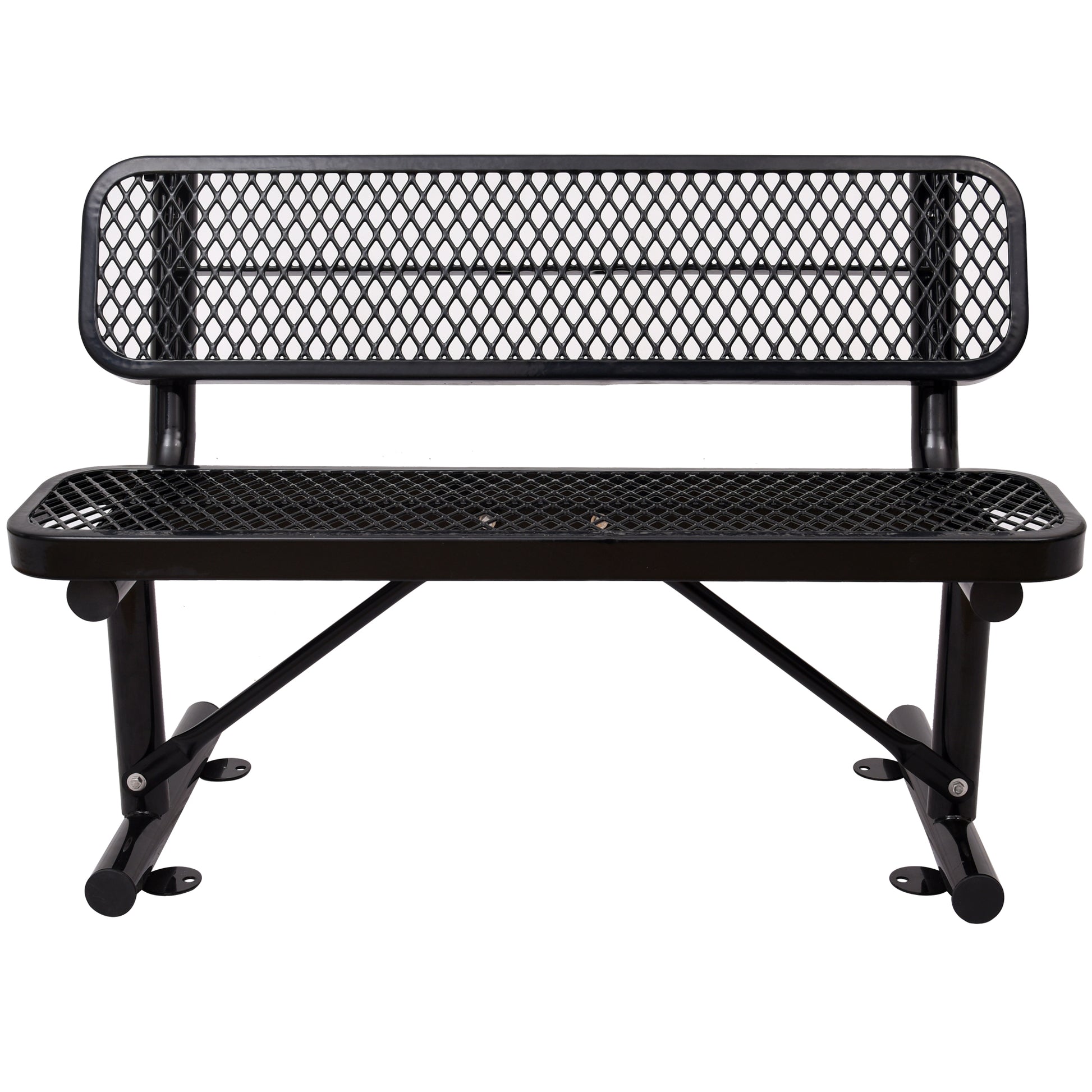Black metal park bench with diamond perforated design and sturdy frame