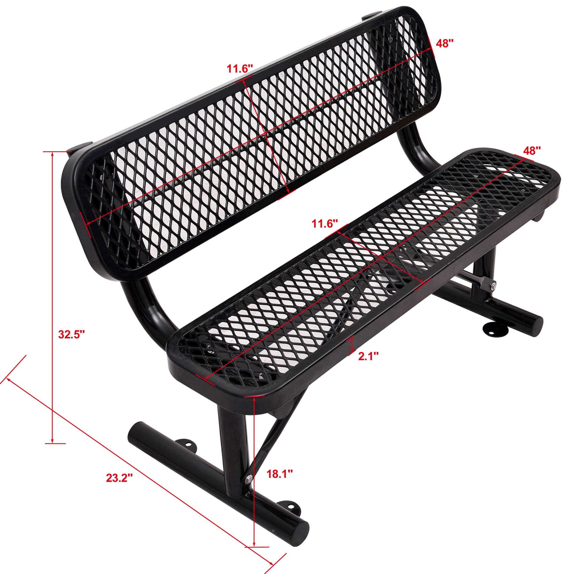 Durable black metal park bench with expanded metal seating and backrest
