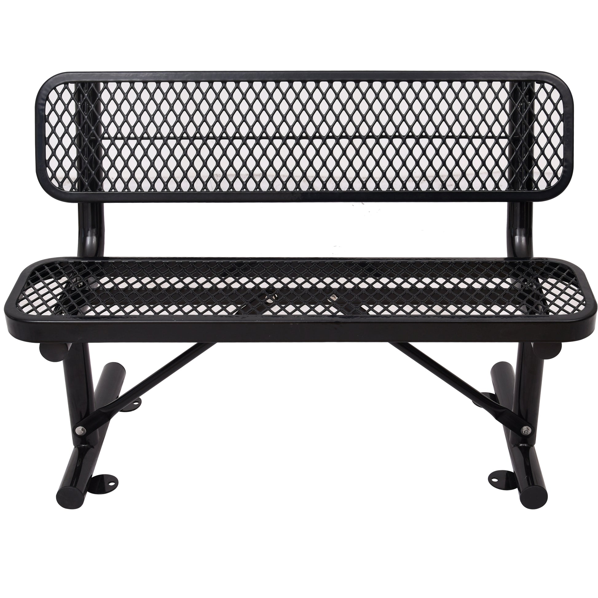 Black metal expanded mesh park bench with rounded edges and sturdy legs