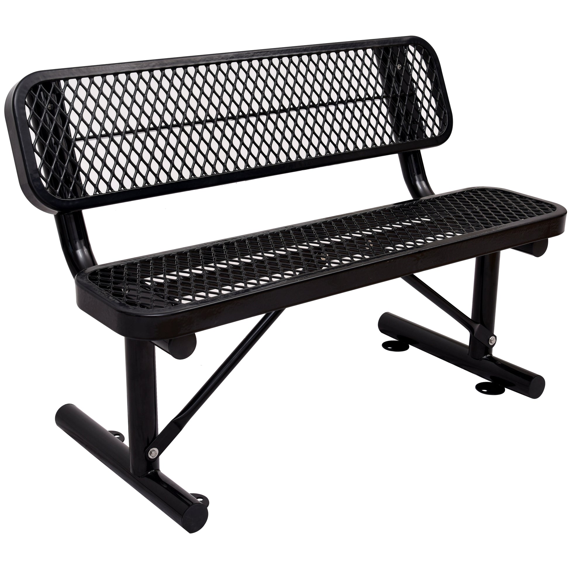 Black diamond mesh park bench with sturdy metal frame ideal for outdoor seating