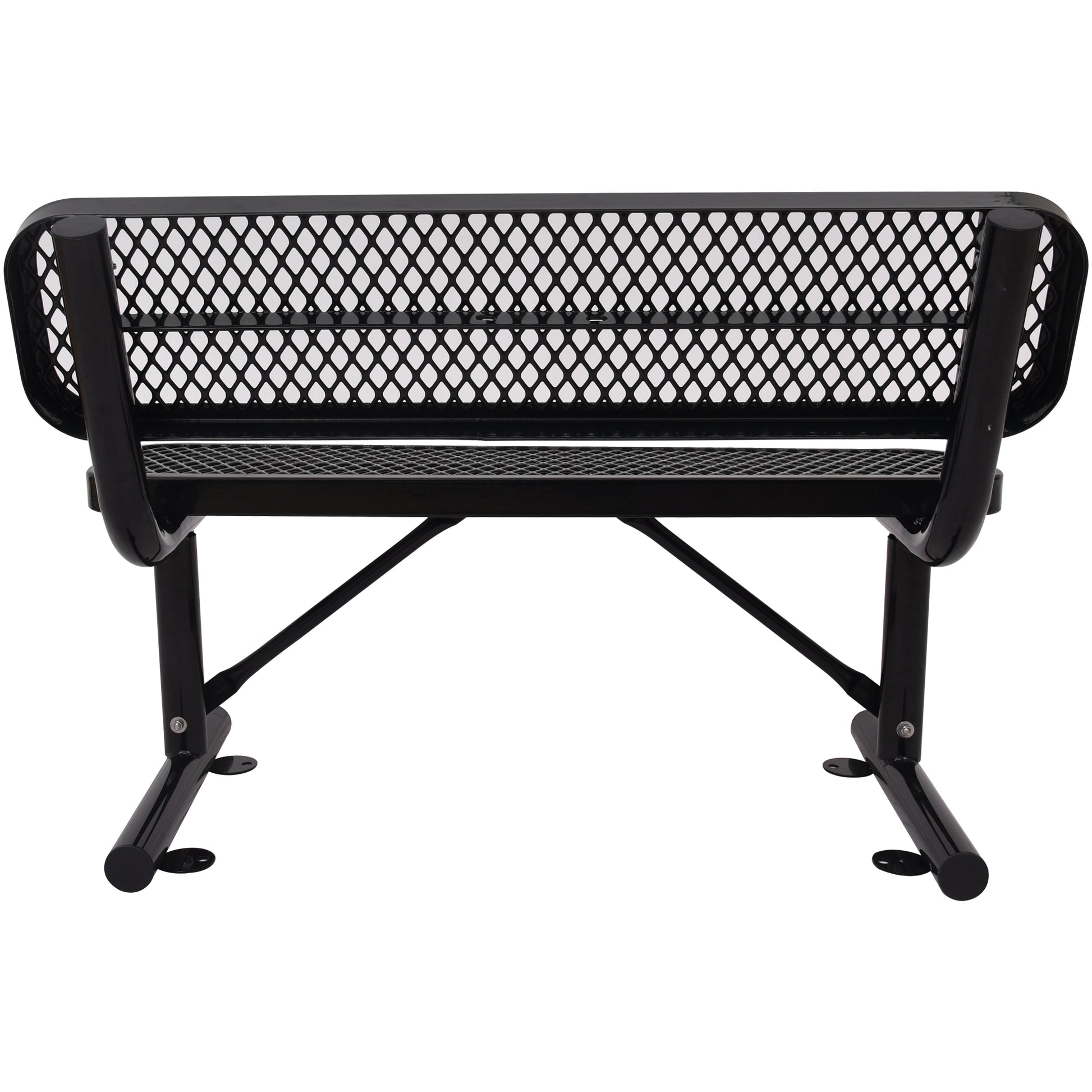 Black metal park bench with expanded mesh back and seat designed for outdoor seating