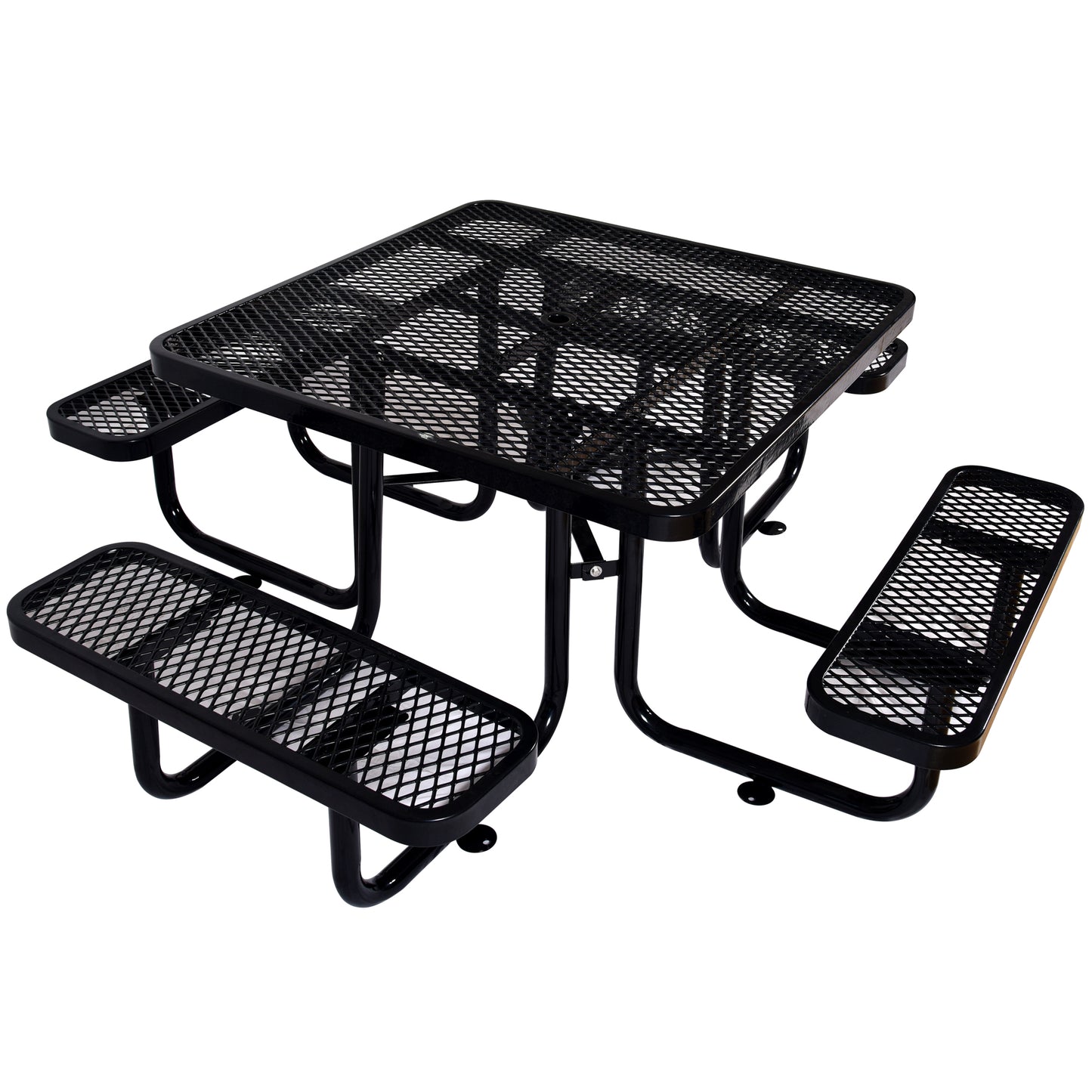 Black metal diamond pattern picnic table with attached benches ideal for outdoor seating