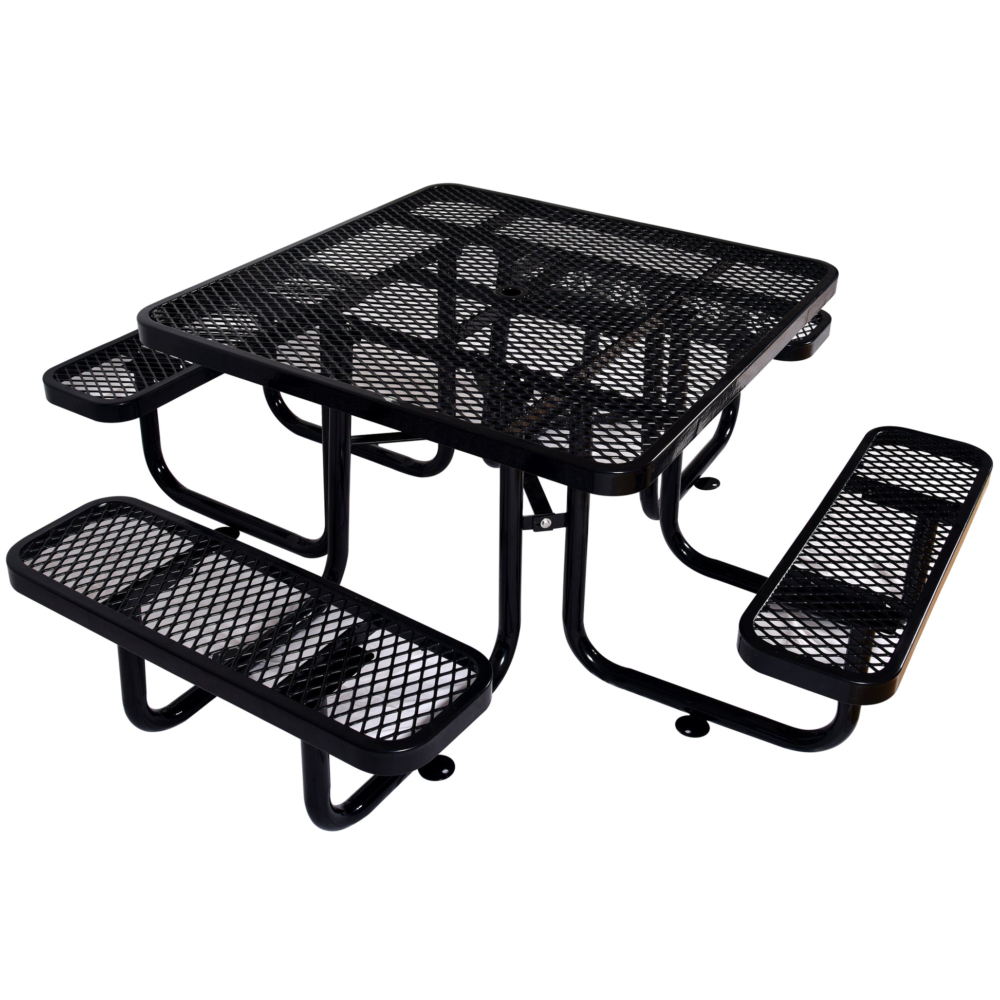 Black metal diamond pattern picnic table with attached benches ideal for outdoor seating