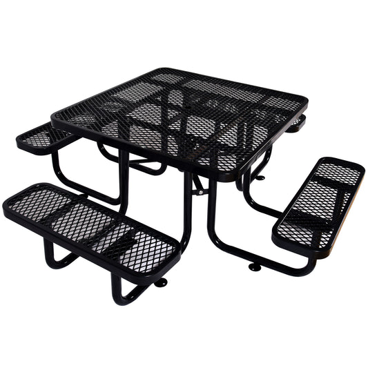 Black metal diamond pattern picnic table with attached benches ideal for outdoor seating