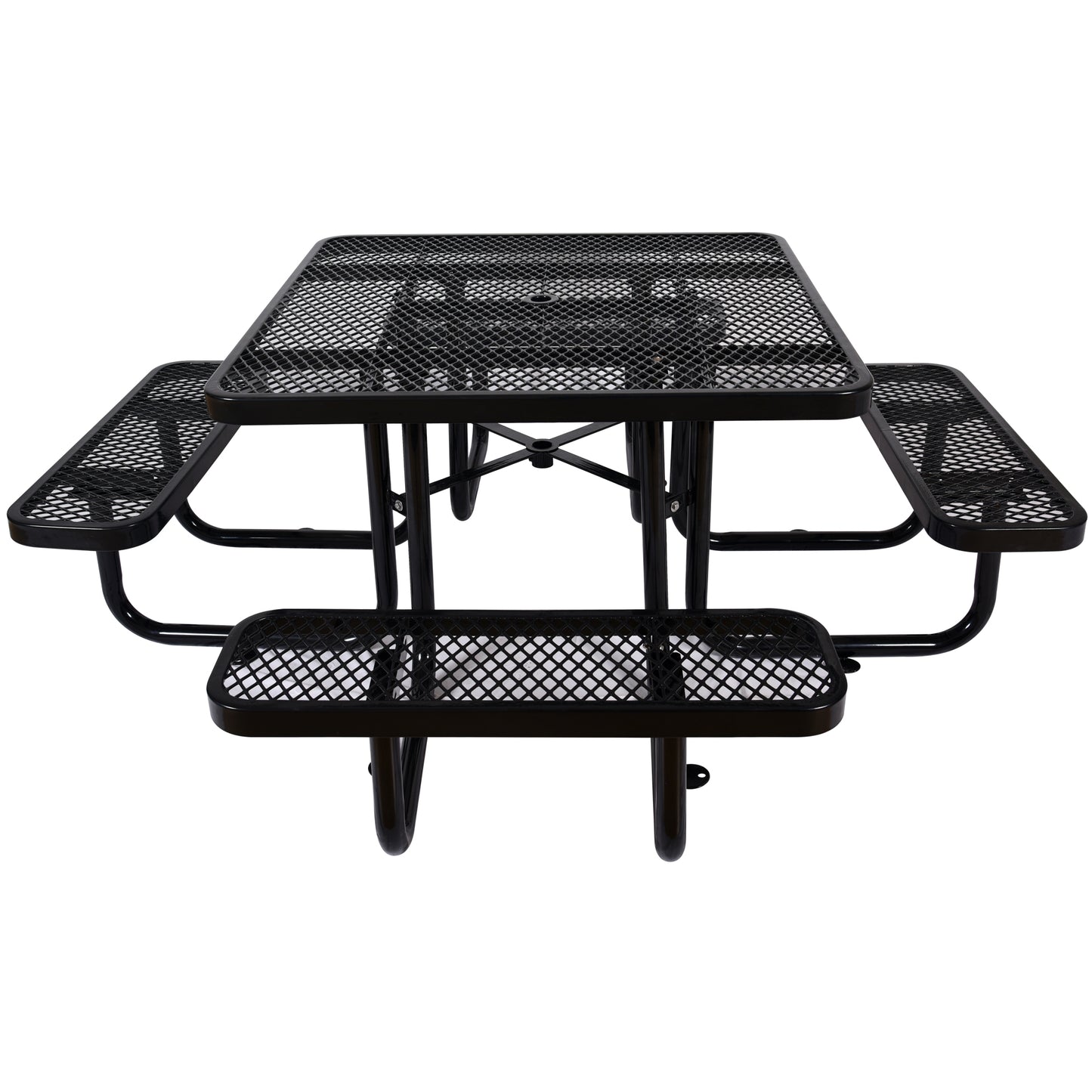 Black metal picnic table with diamond pattern mesh seating and tabletop