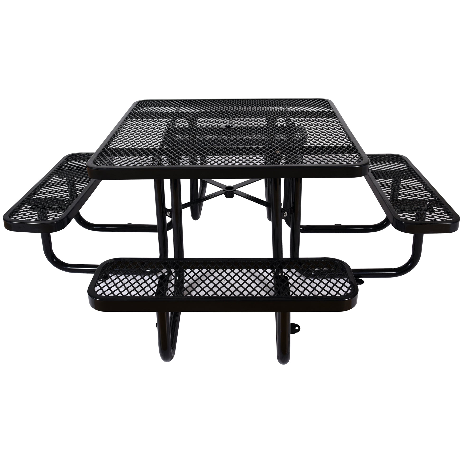 Black metal picnic table with diamond pattern mesh seating and tabletop