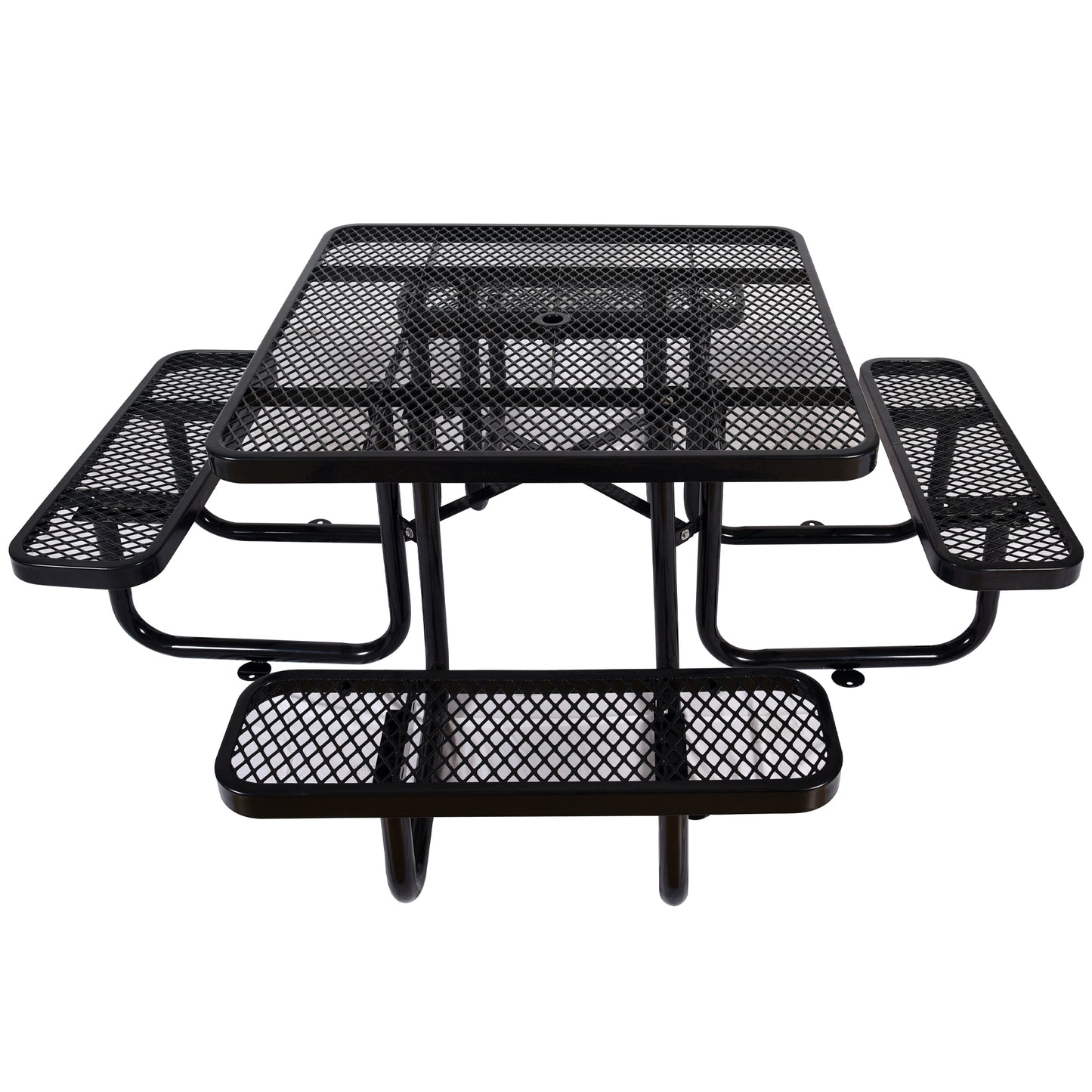 Black metal picnic table with benches diamond mesh design commercial grade outdoor seating