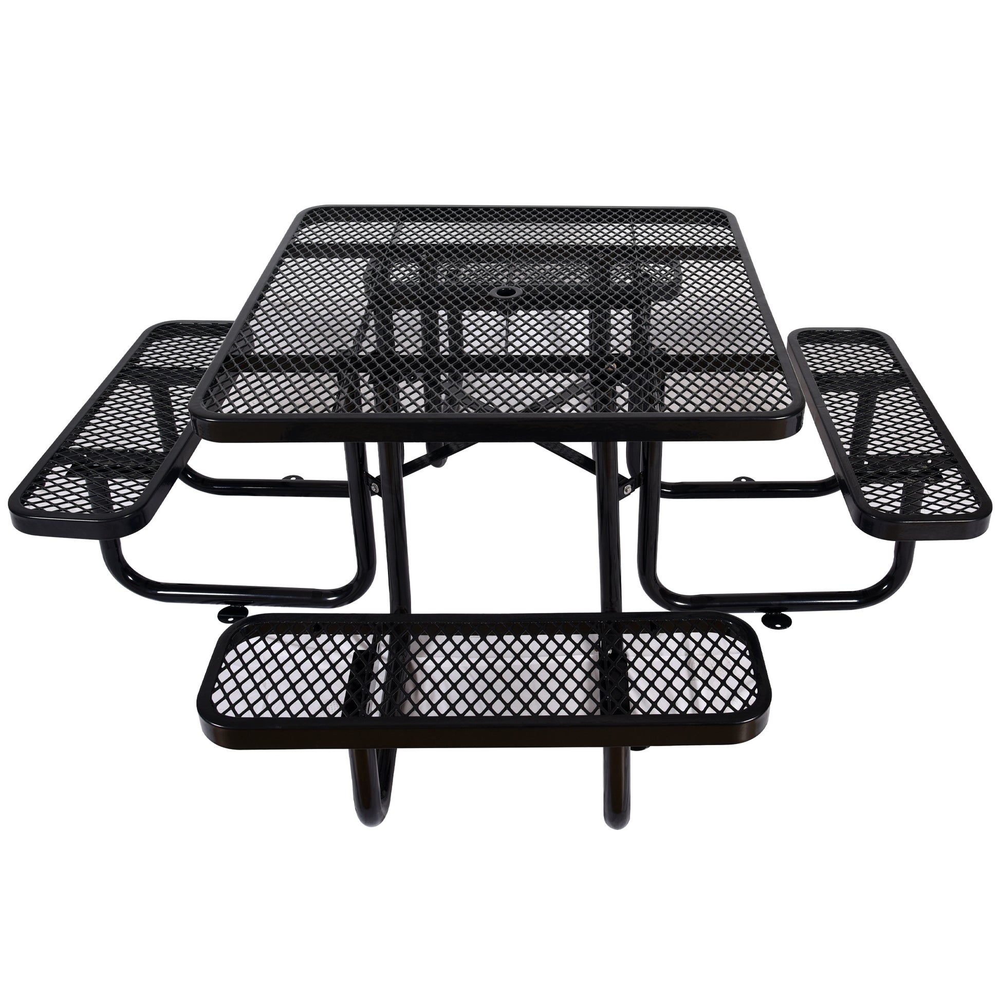 Black metal picnic table with benches diamond mesh design commercial grade outdoor seating