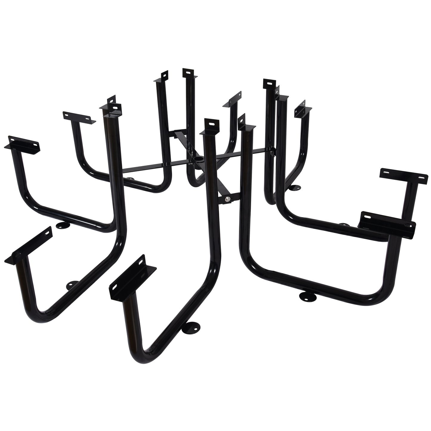 Black metal picnic table legs with mounting plates ideal for outdoor seating