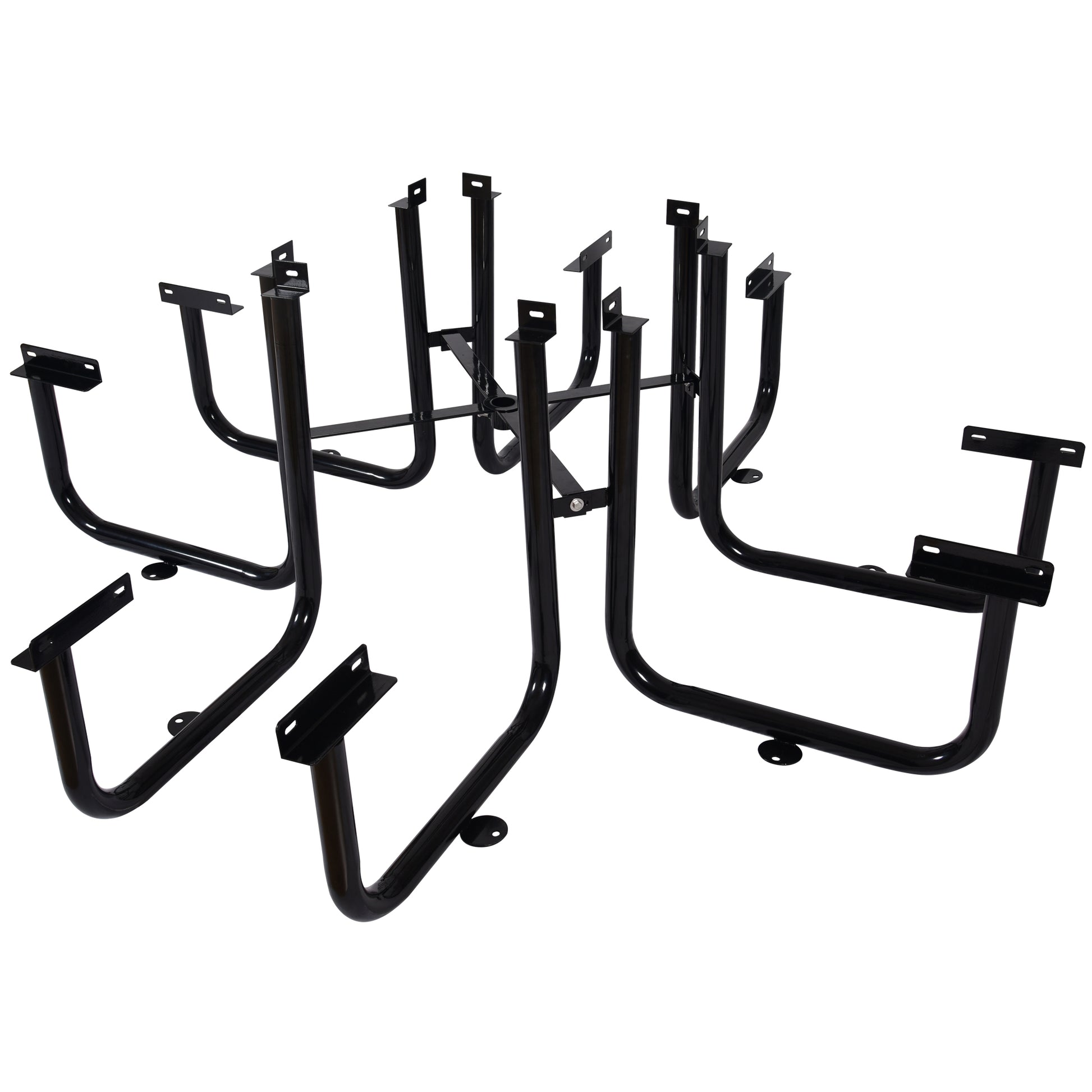 Black metal picnic table legs with mounting plates ideal for outdoor seating
