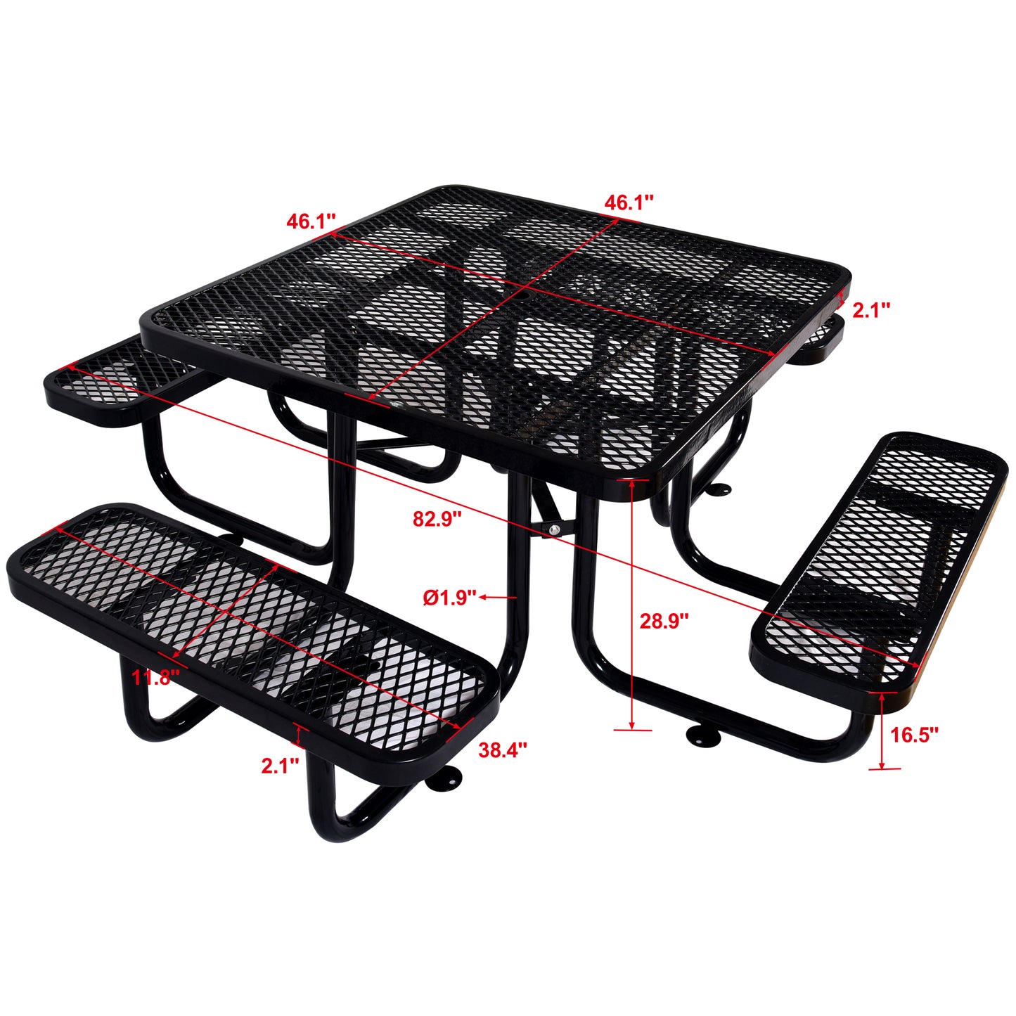 Black diamond mesh picnic table with attached benches  tabletop