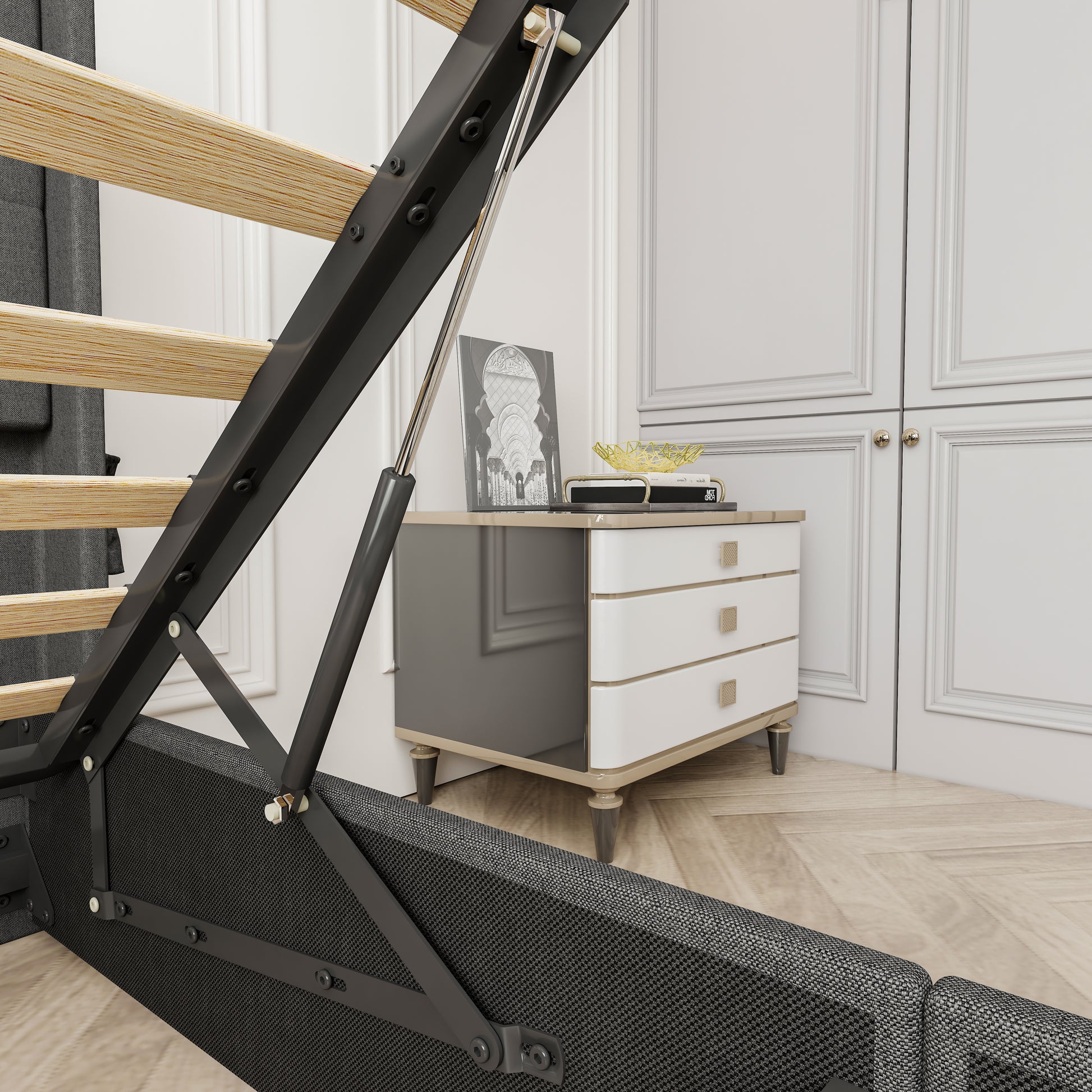 Modern upholstered bed frame with gas lift mechanism and wooden slats for support