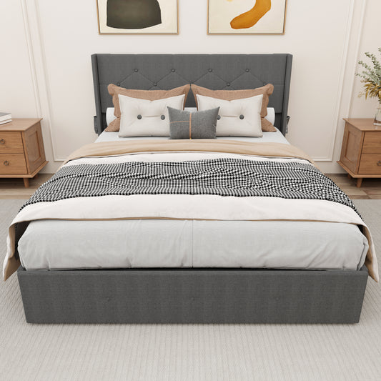 Dark gray upholstered queen bed frame with tufted headboard and button accents