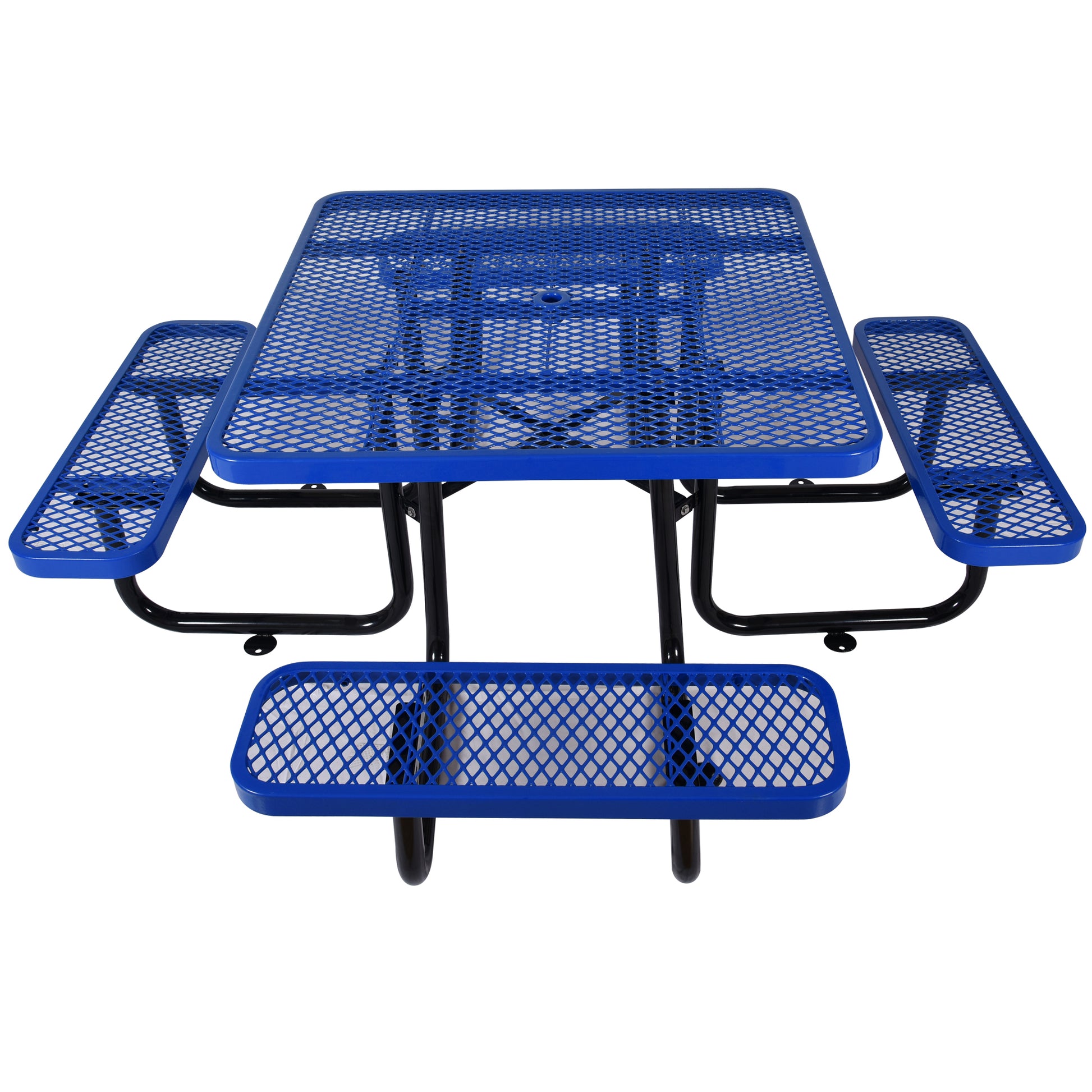 Durable blue perforated metal picnic table with attached benches for outdoor seating