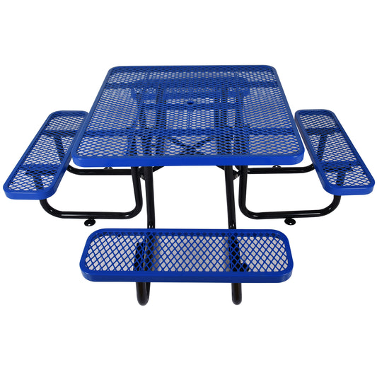 Durable blue perforated metal picnic table with attached benches for outdoor seating
