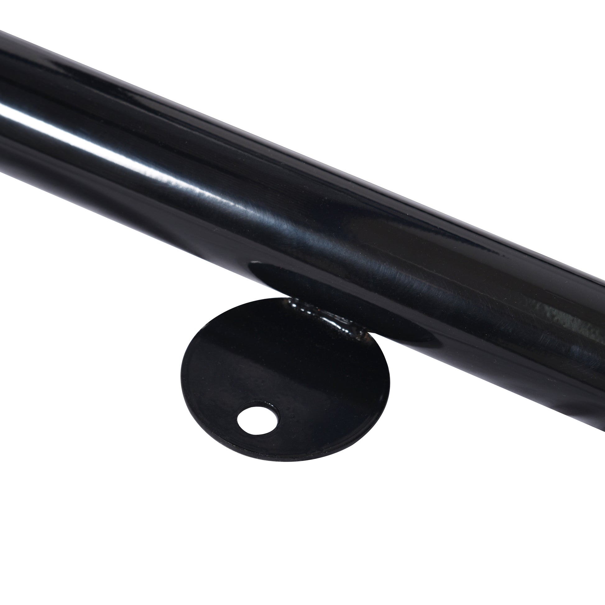 Black metal pipe with a circular mounting bracket for industrial equipment