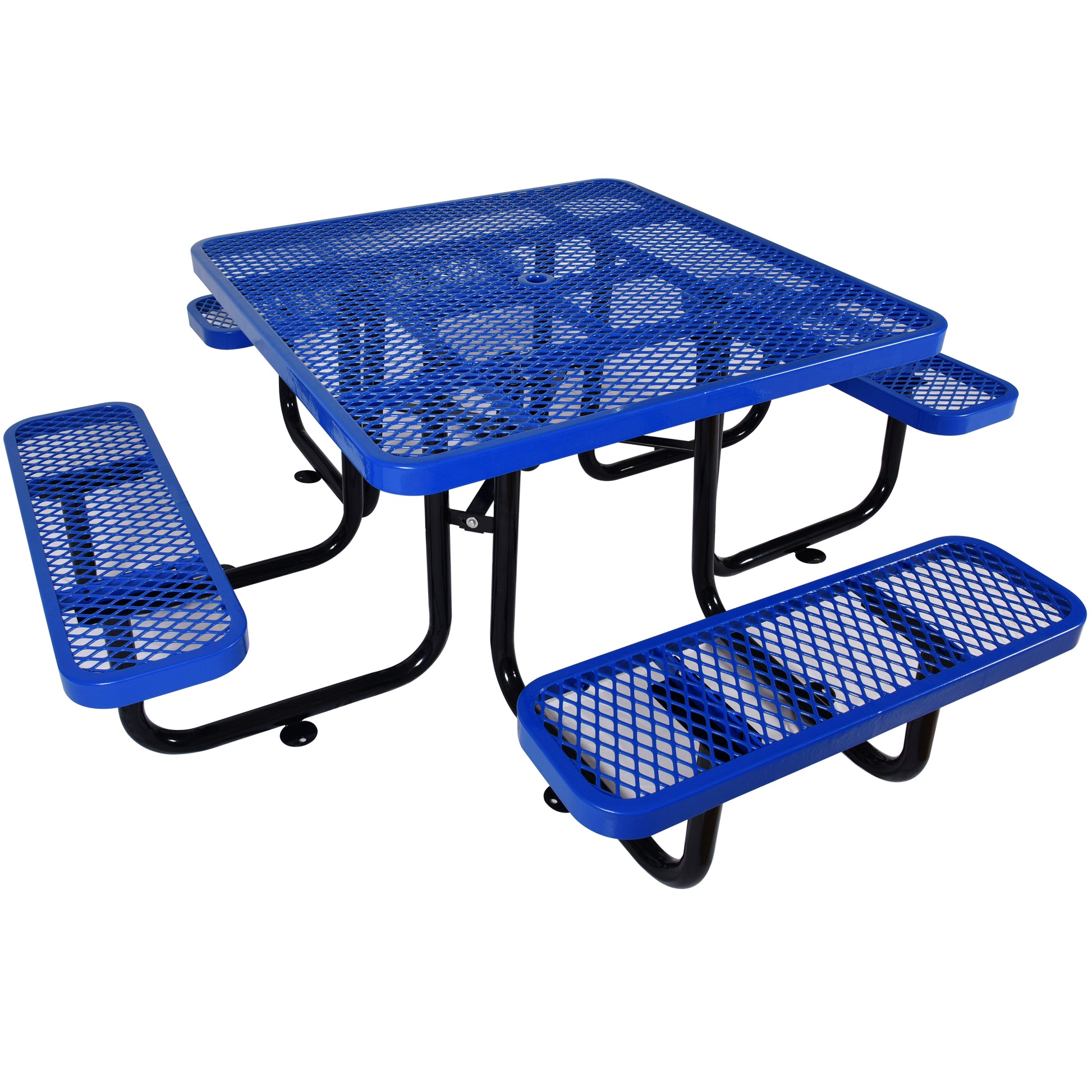 Blue expanded metal picnic table with attached benches for outdoor dining