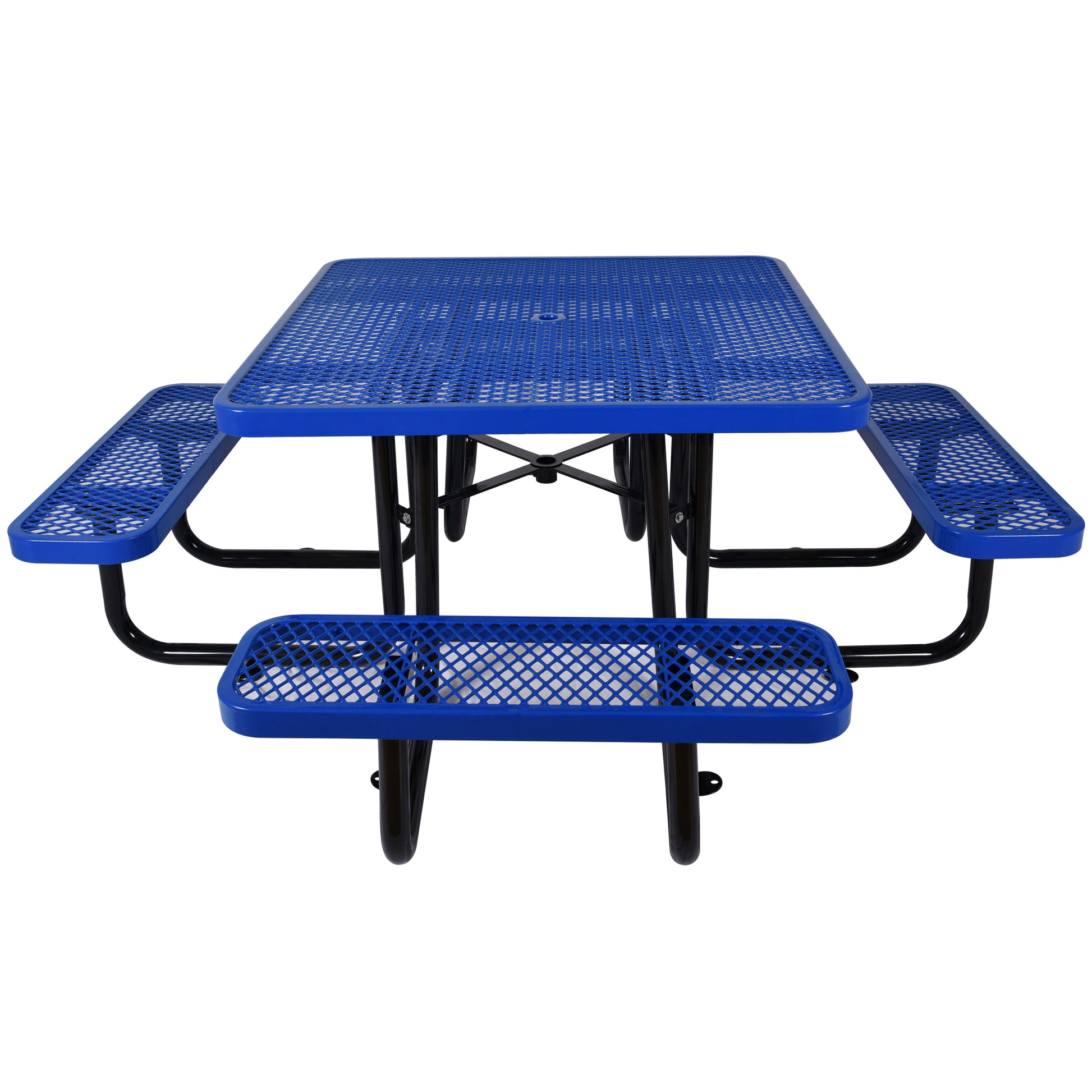 Blue diamondperforated metal picnic table with attached benches for outdoor seating