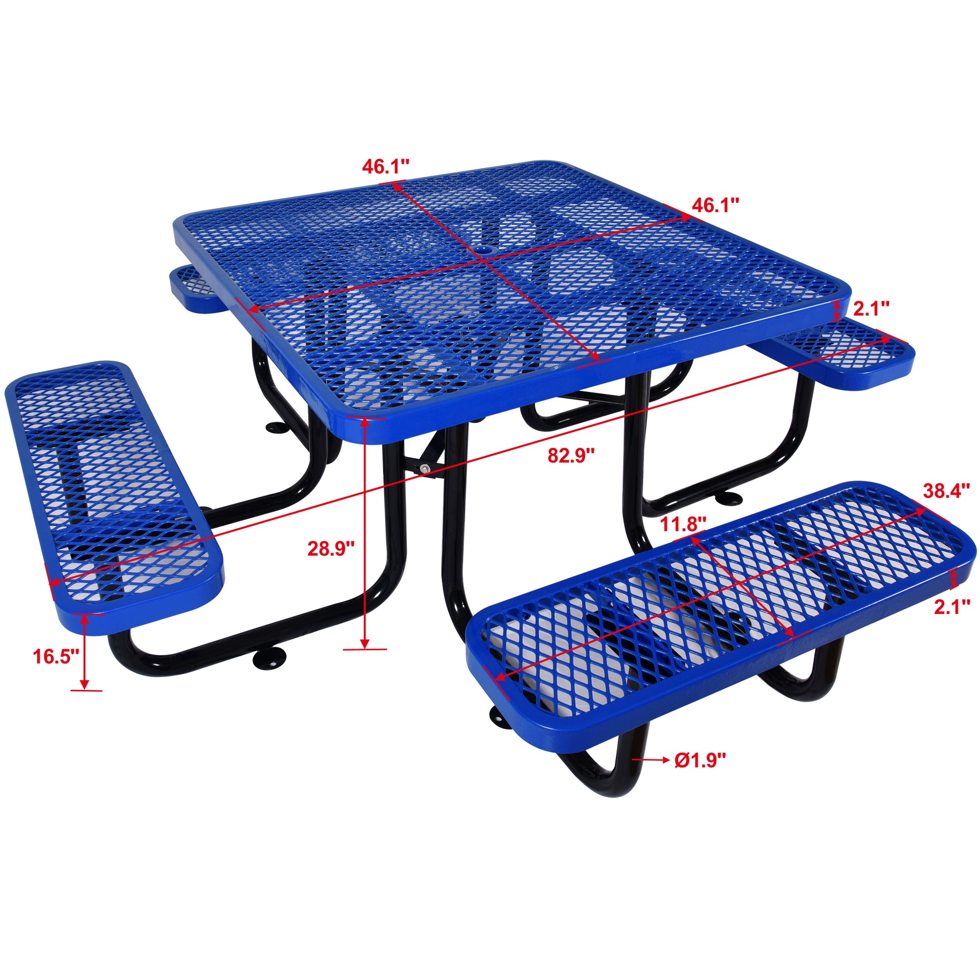 Blue perforated metal picnic table with attached benches  square tabletop
