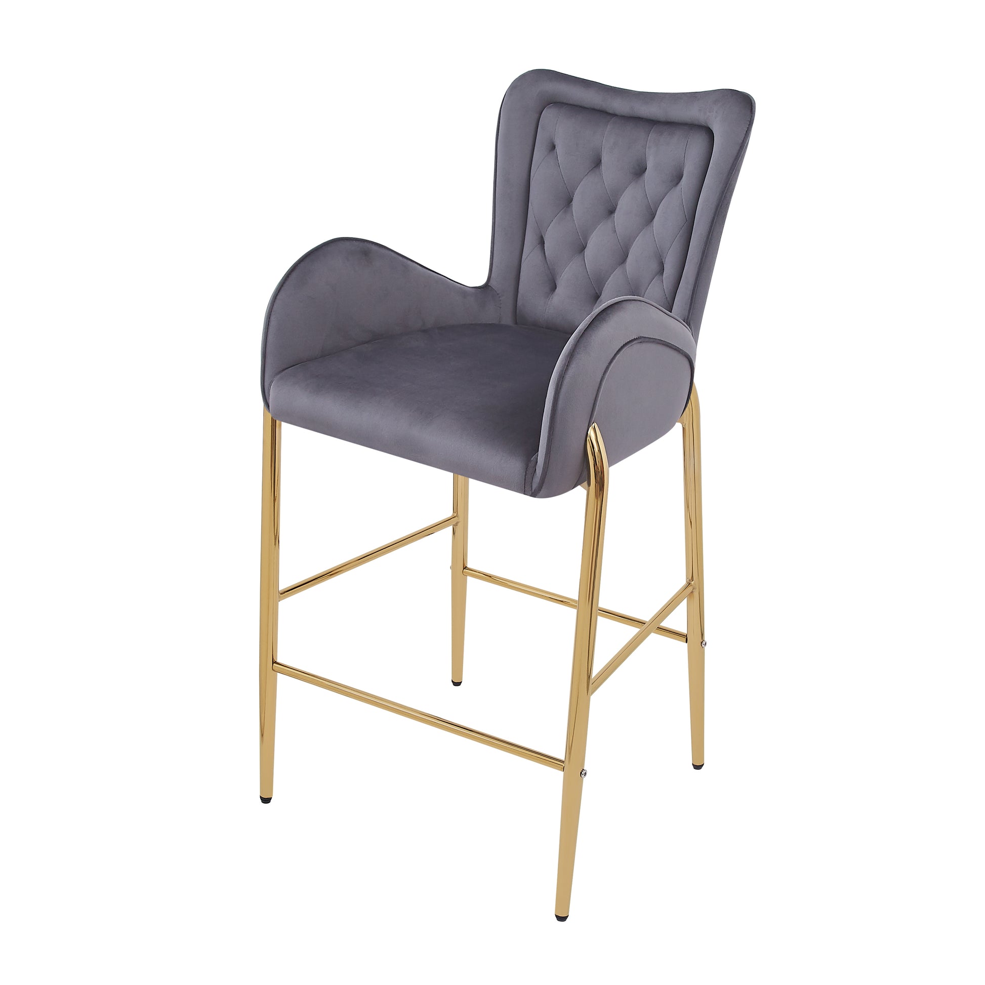 Grey velvet tufted bar stool with gold metal legs and armrests