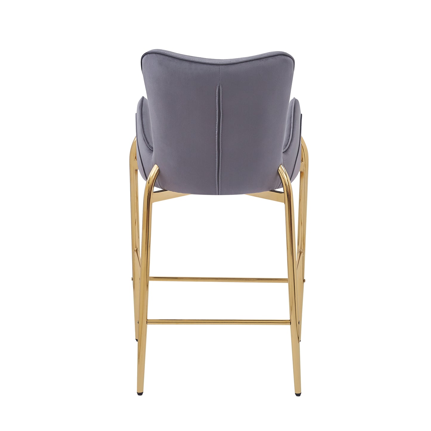 Back view of a plush grey velvet bar stool with gold metal legs