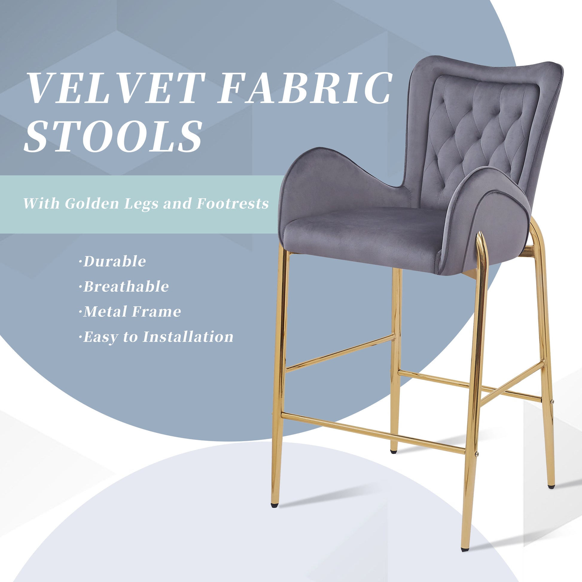 Gray velvet bar stool with diamond tufting and golden legs  inches high