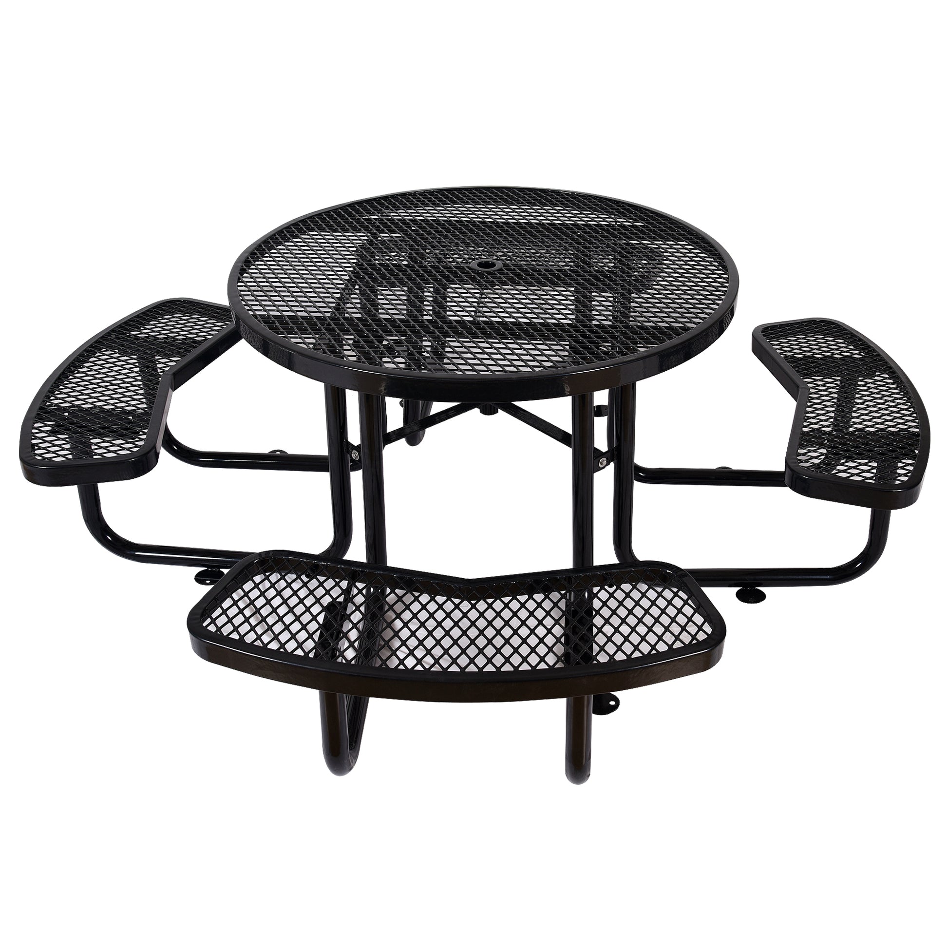 Black metal round picnic table with attached benches outdoor seating