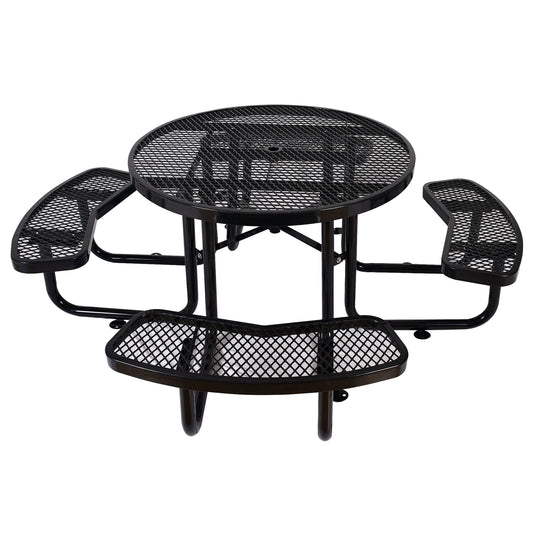 Black metal round picnic table with attached benches outdoor seating