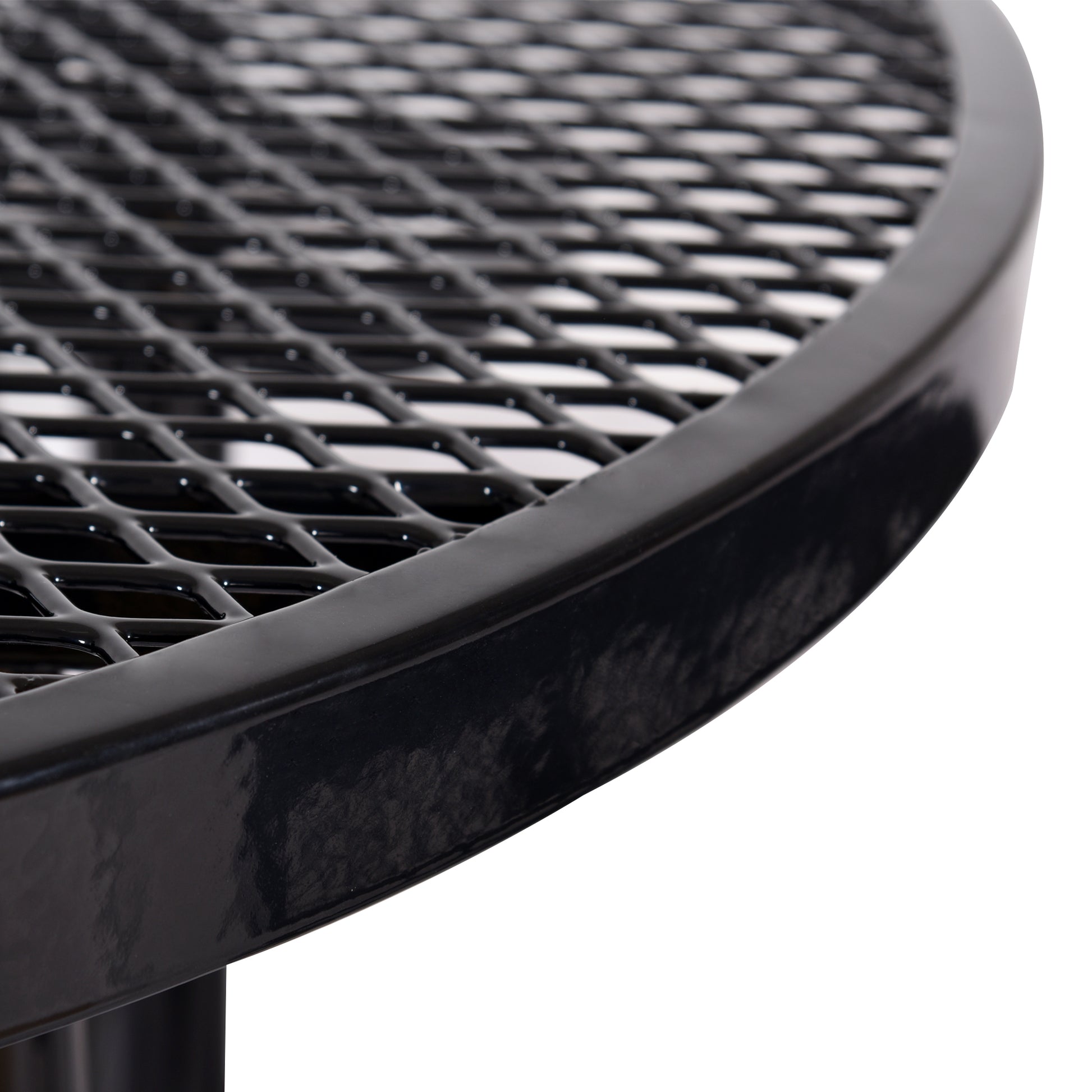 Black expanded metal patio table top with a glossy finish and diamond pattern